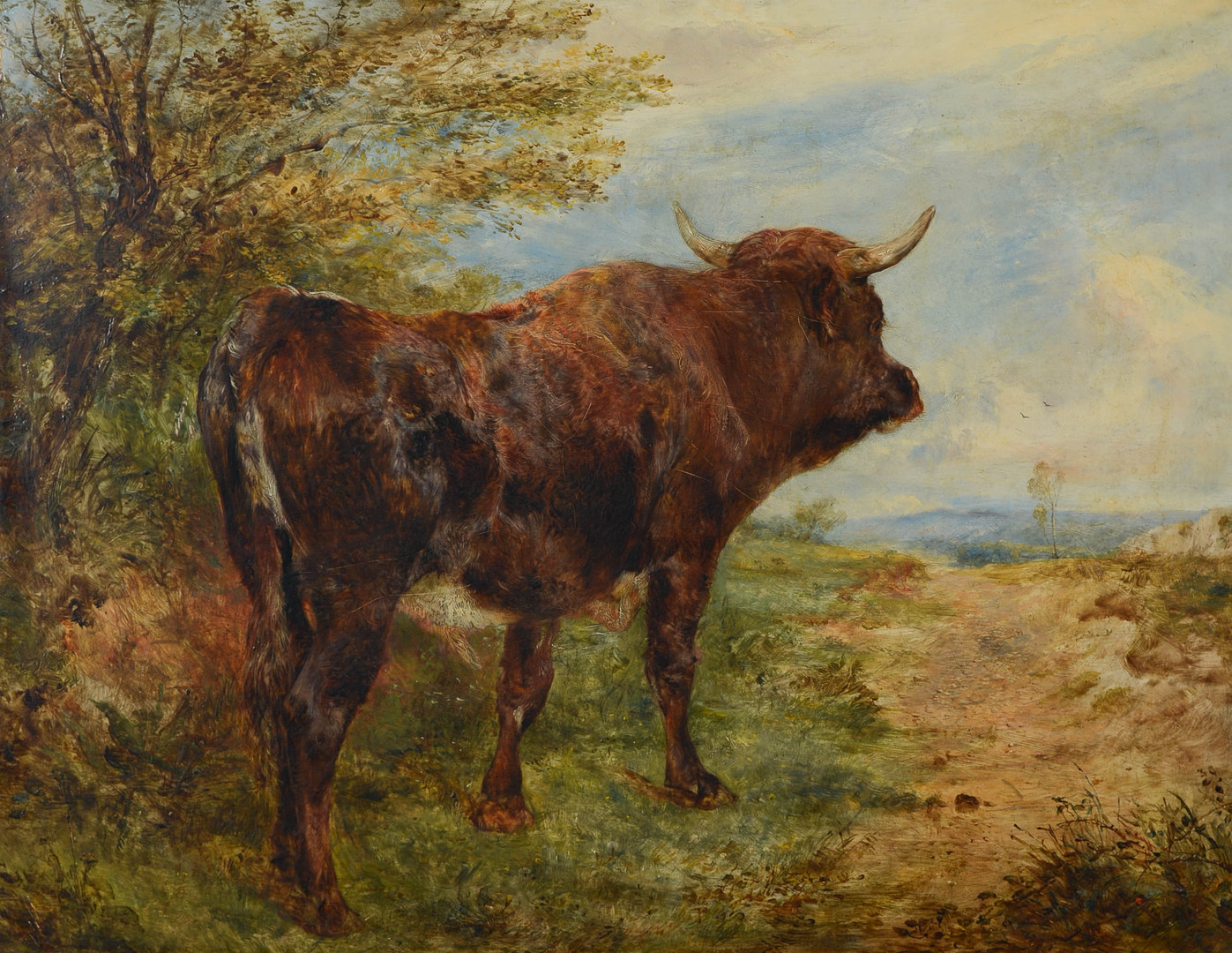 TILLSKRIVEN. Brun oxe i öppet landskap, olja på duk, England, 1800-talets första del.