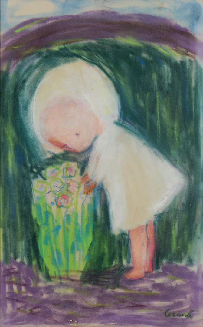 Flicka med blommor, pastell, signerad.