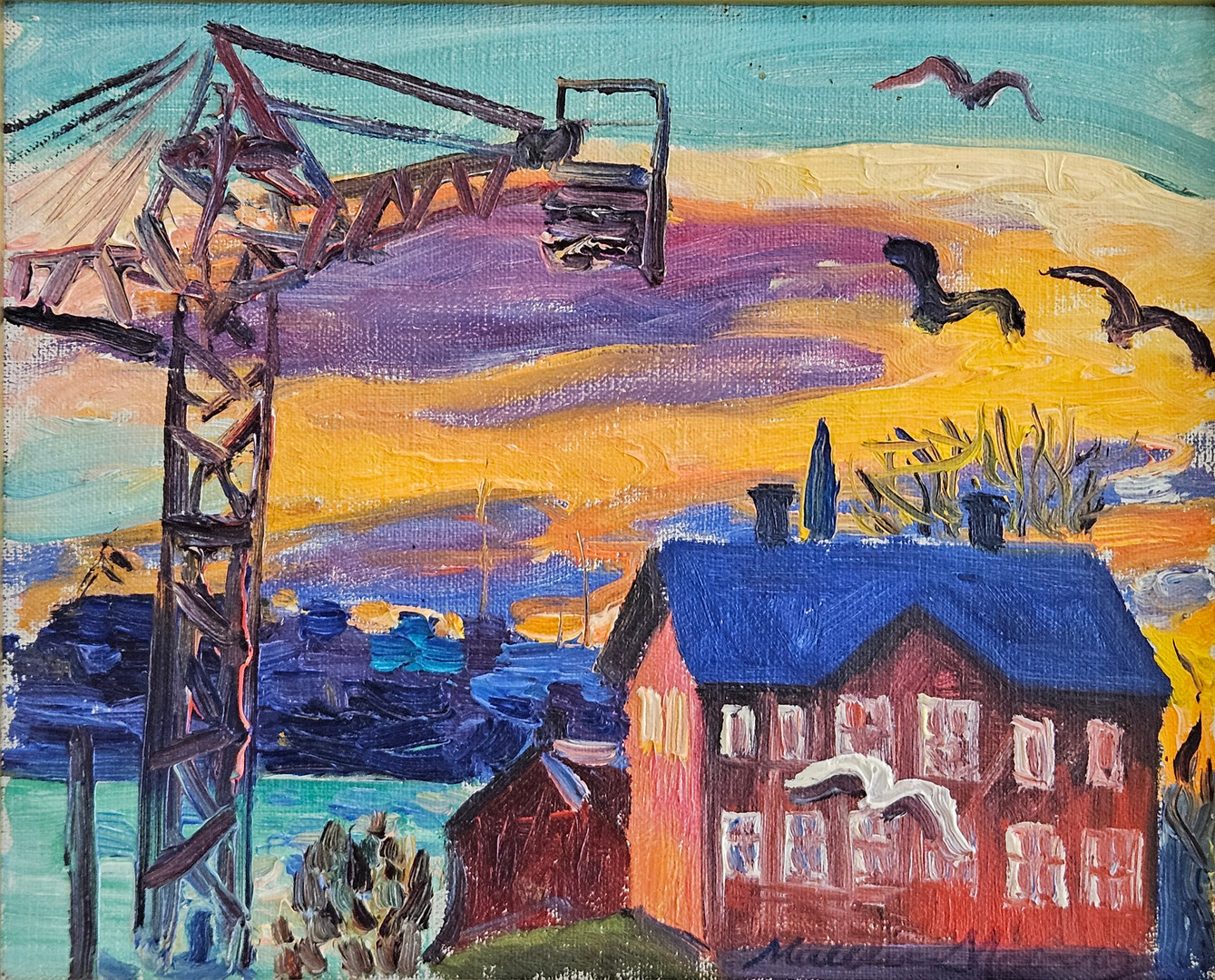 Röda villan, Beckholmen. Olja på duk, signerad Maurice Moberg.