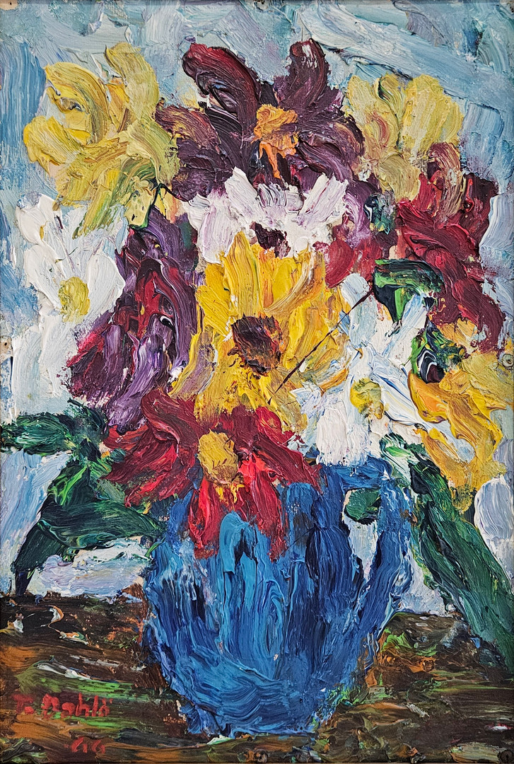 Blomsterstilleben. Olja på pannå, signerad T. Dahlö, otydligt daterad.