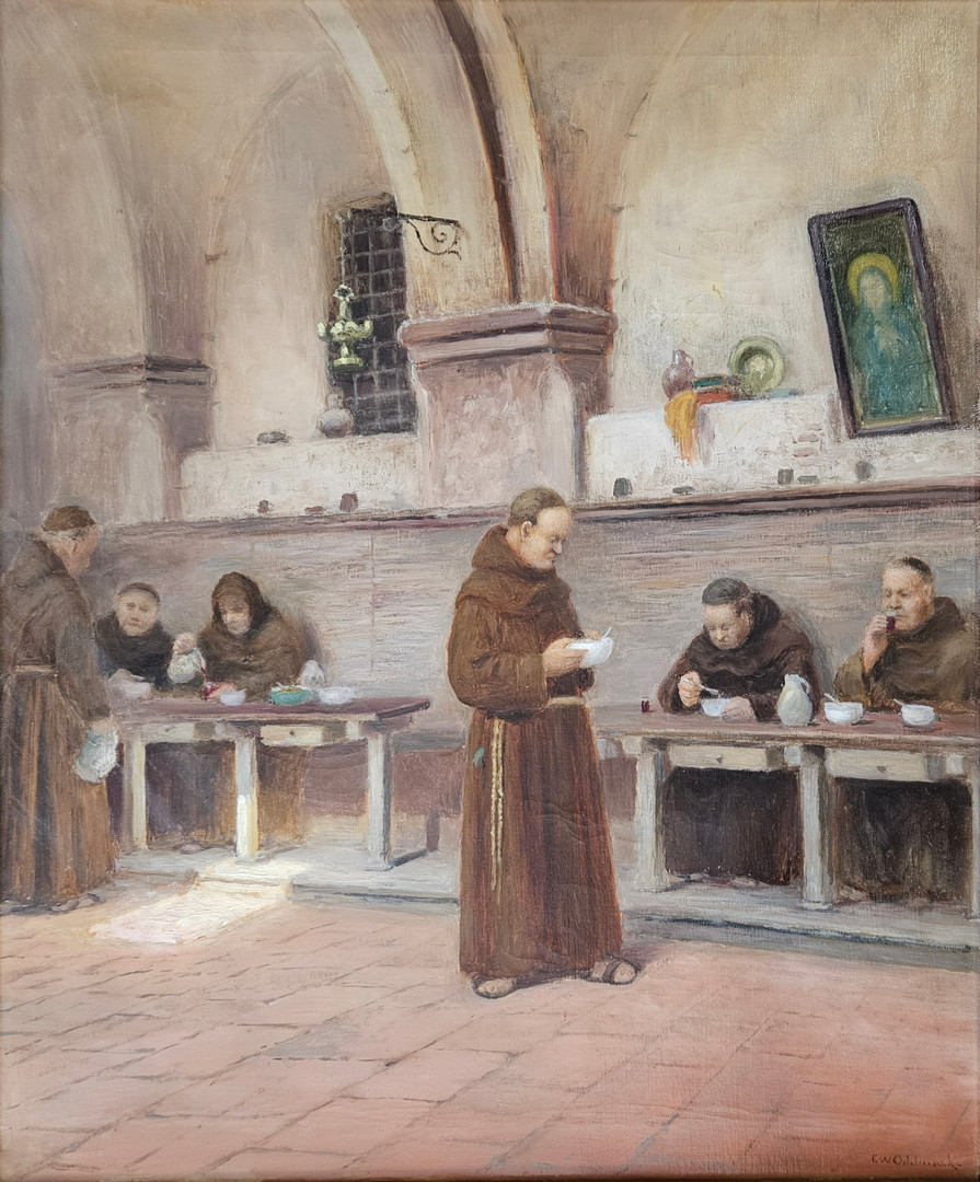 Klostermatsal med munkar. Olja på duk, signerad F.W. Odelmark.