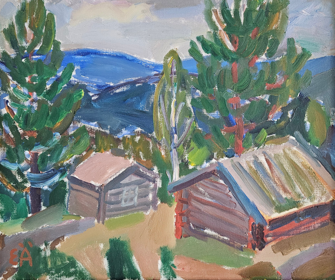 Landskap med hus, träd och berg. Olja på duk, signerad EÄ.