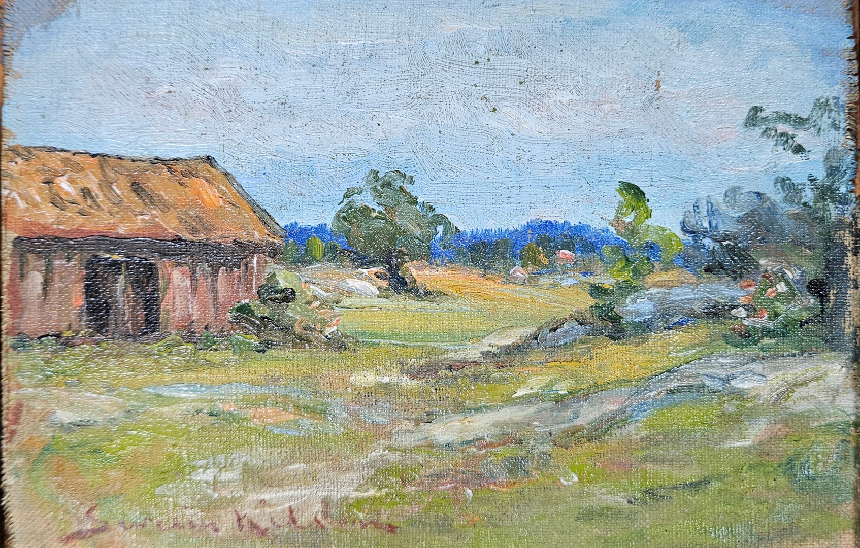 Landskap. Olja på duk, uppklistrad på pannå, signerad Severin Nilson.