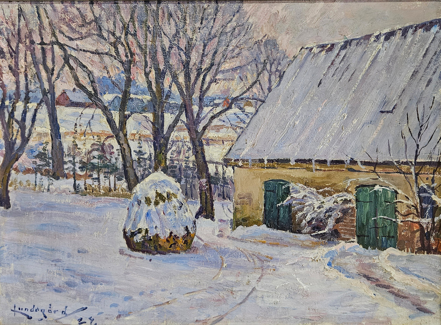 "Snö på gården". Olja på duk, signerad Lundegård och daterad 24.