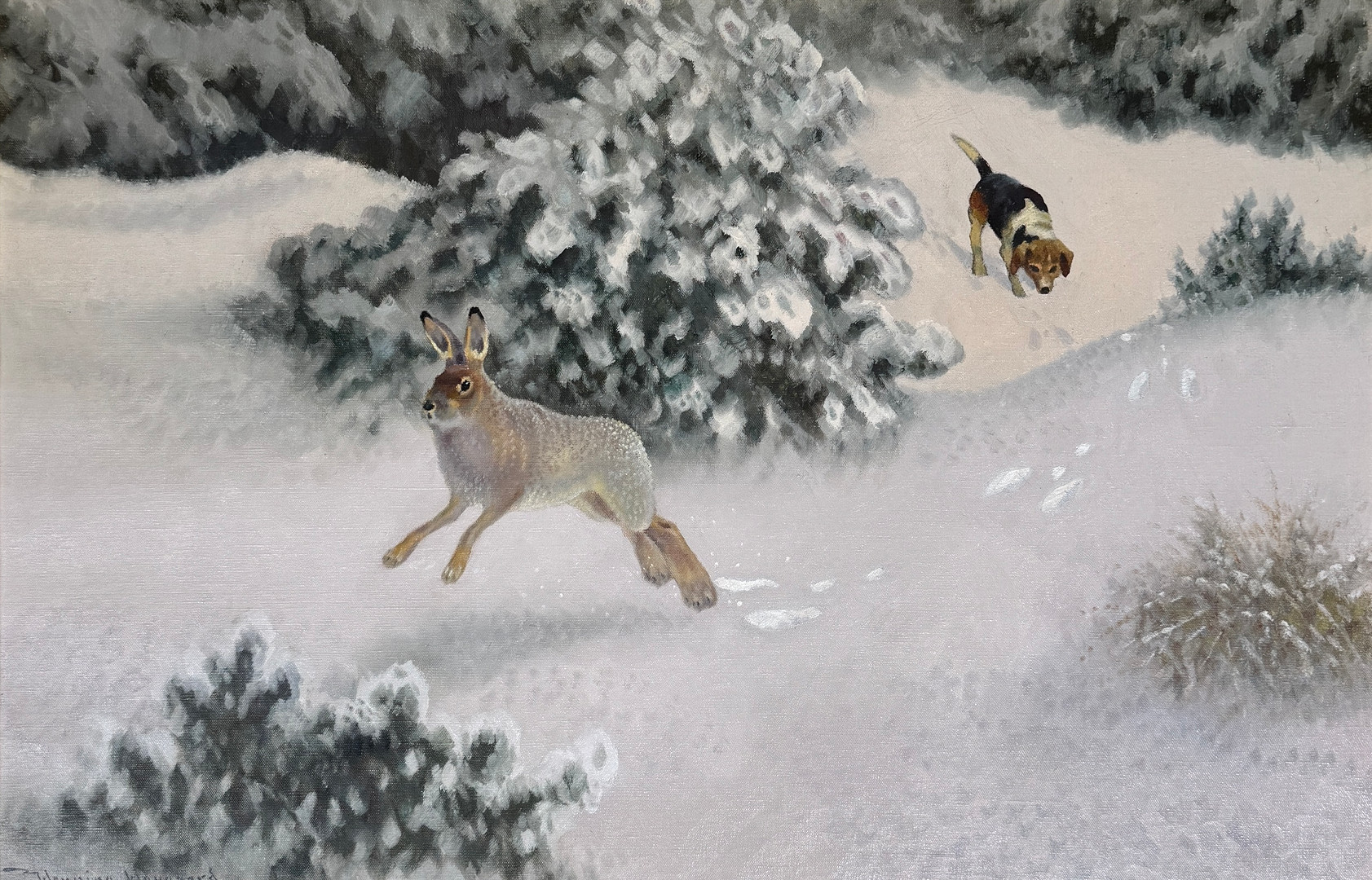 Vinterlandskap med hund och hare. Olja på duk.