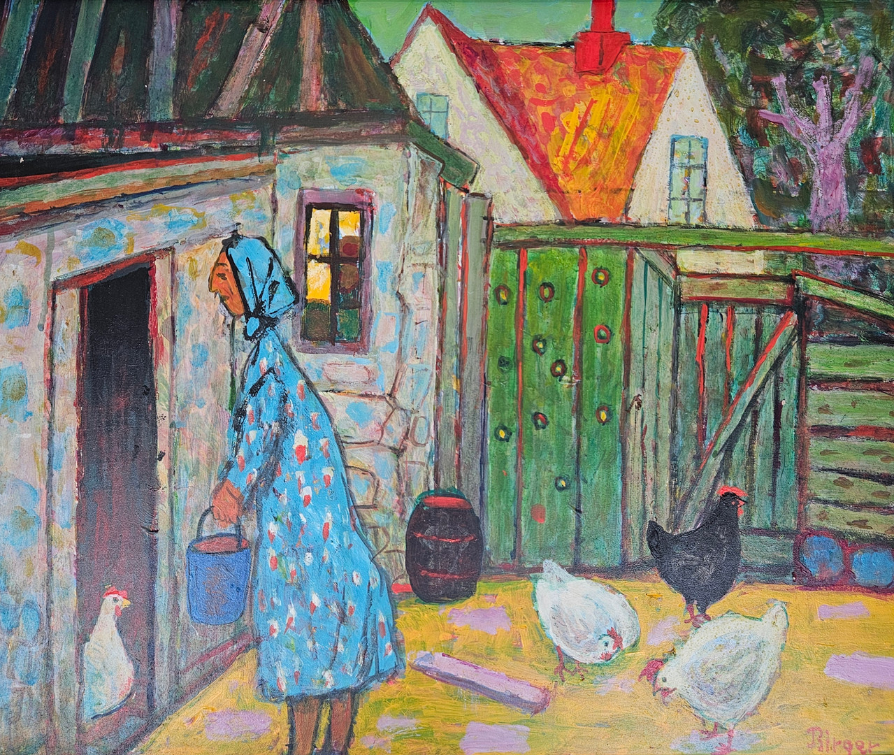 "Hönshuset". Olja på pannå, signerad Birger.