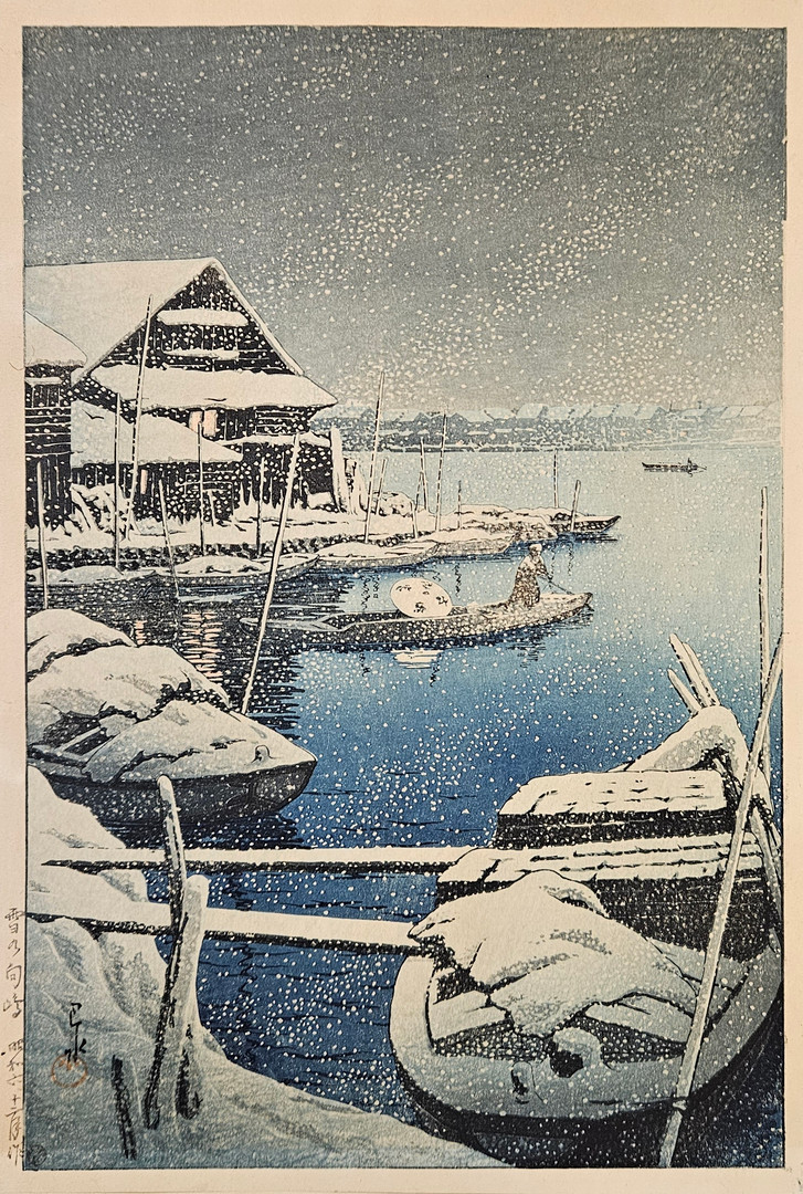 "Yuki no Mukojima (Snow at Mukojima)". Träsnitt, signerad.