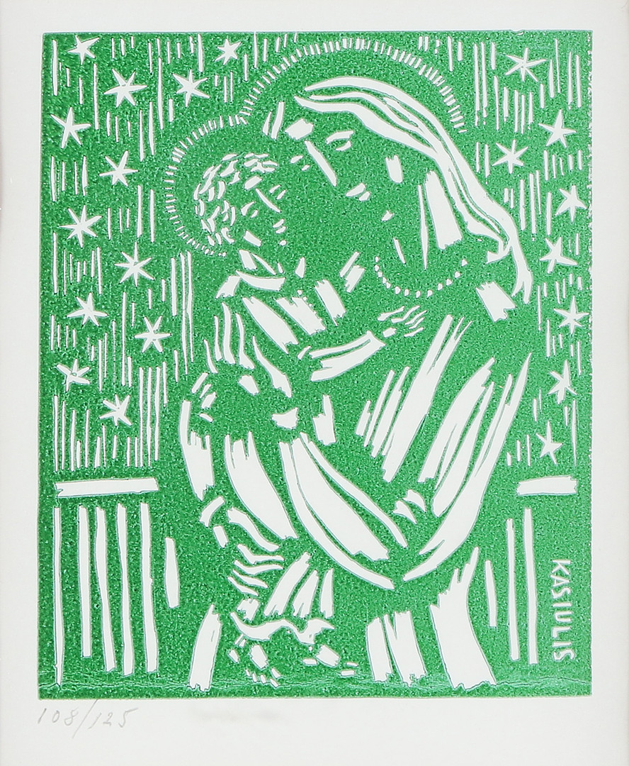 Linoleumsnitt. 108/125. Madonnan med barnet. Signerad i trycket.