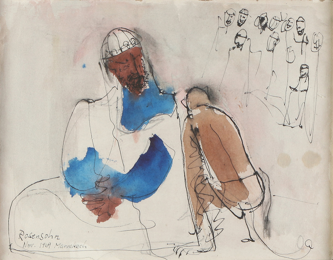 Blandteknik. Man med apa. Signerad och daterad Marrakech Nov. 1969.