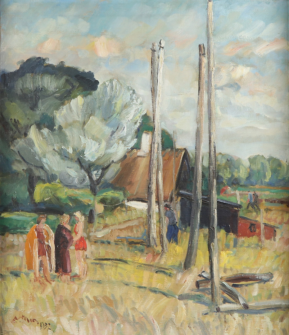Oljemålning på duk. "Badfolk på stranden". Signerad och daterad 1937.