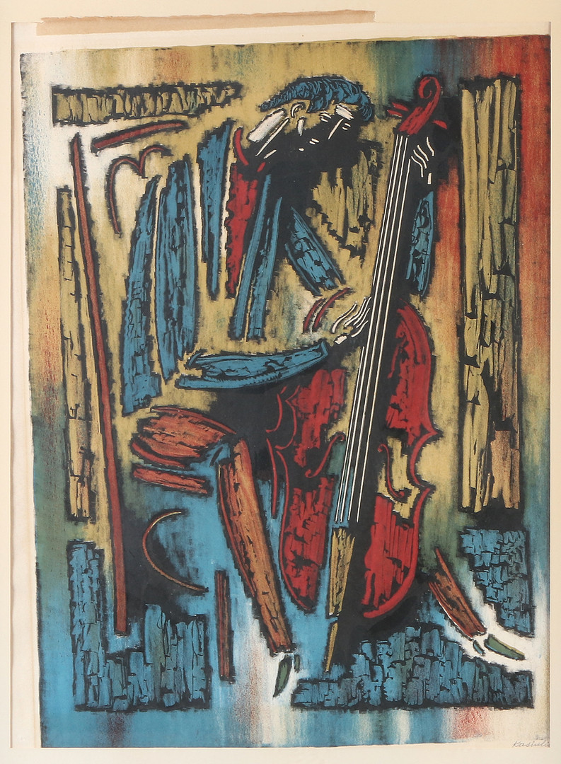 Litografi. Musikant. Signerad.