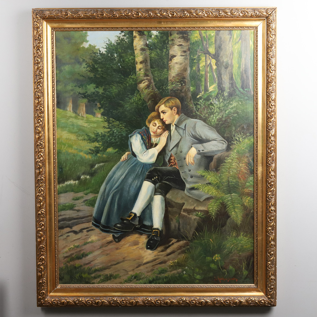OLJA PÅ DUK "Par vid skogsglänta", signerad.