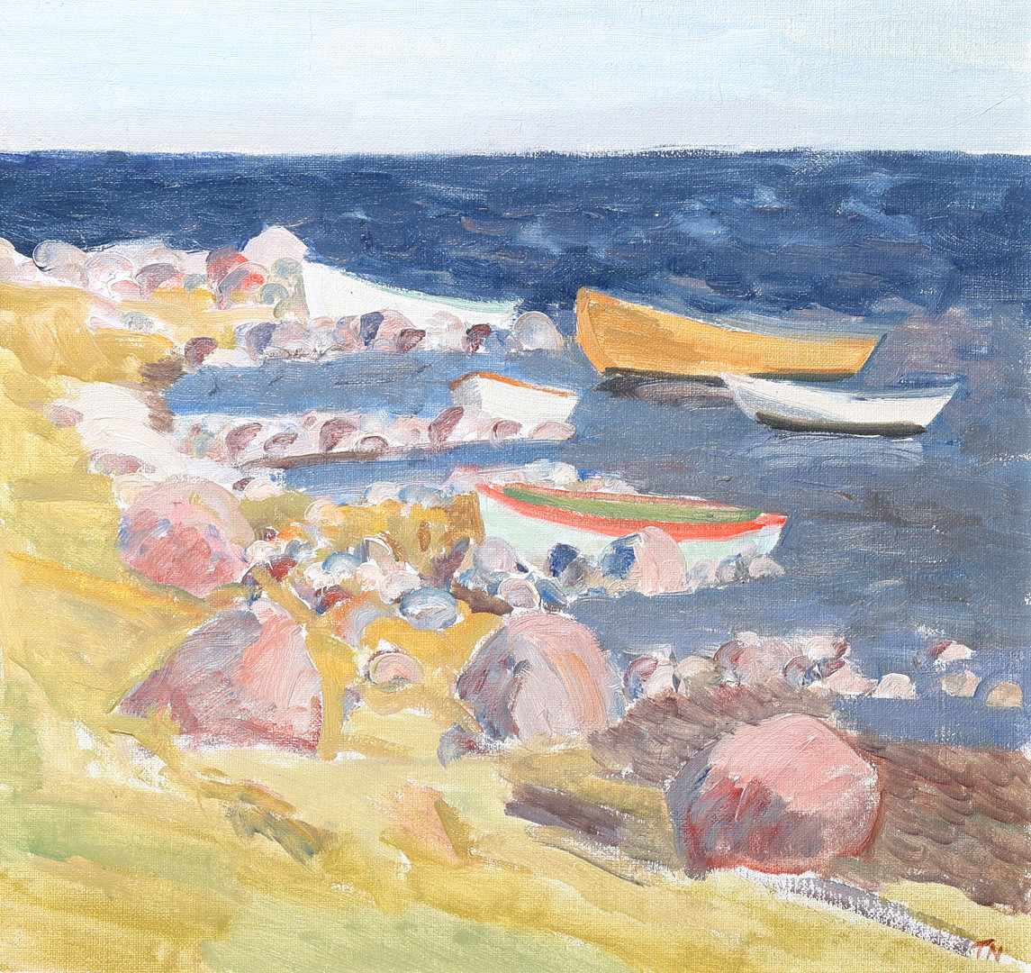 Olja på pannå, "Båtar vid Ölands strand", signerad daterad -83.