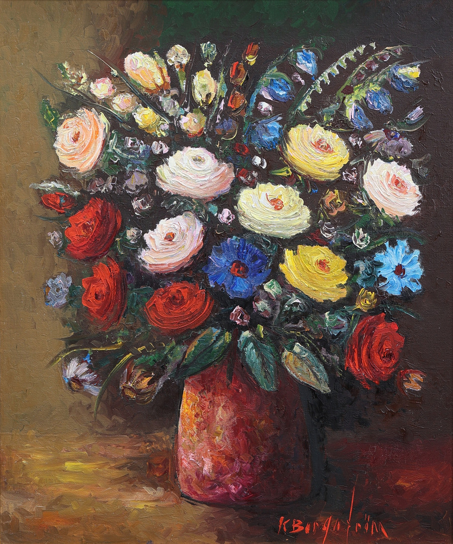 Olja på duk, blomsterstilleben, signerad.