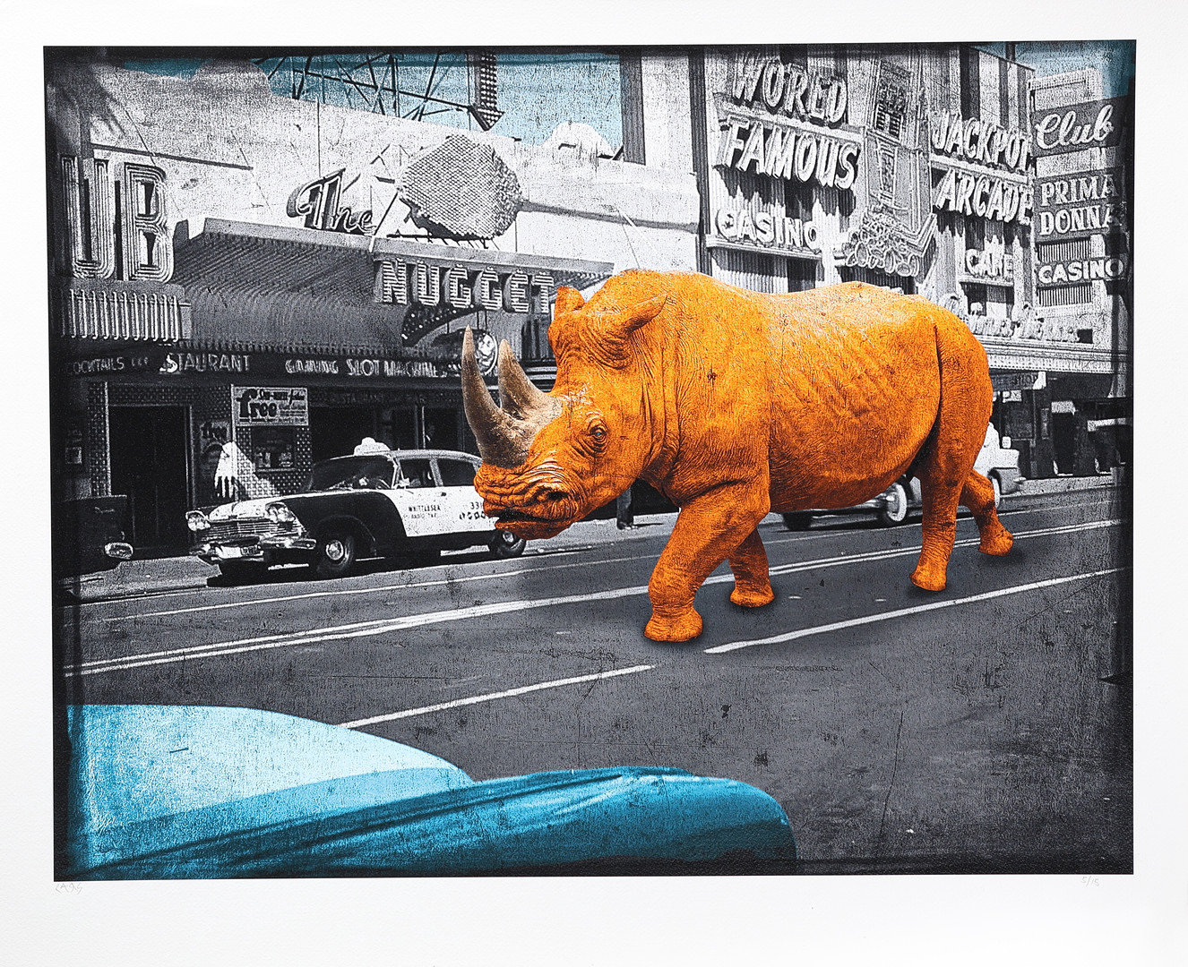 Mixed media, ”Raging Rhino” signerad, numrerad 5/15.