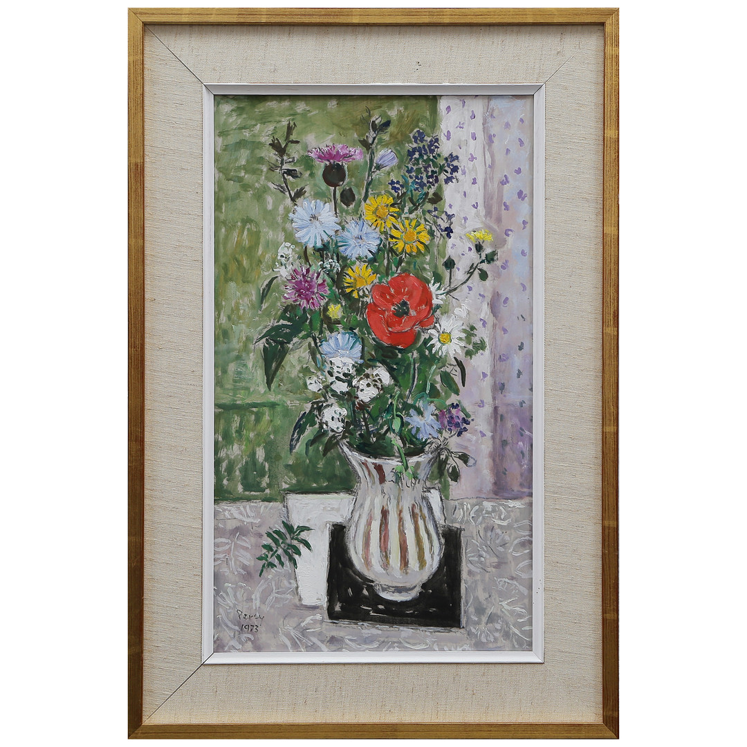 "VILDBLOMMOR MED RÖD VALLMO" OLJA PÅ PANNÅ, SIGNERAD, DATERAD.