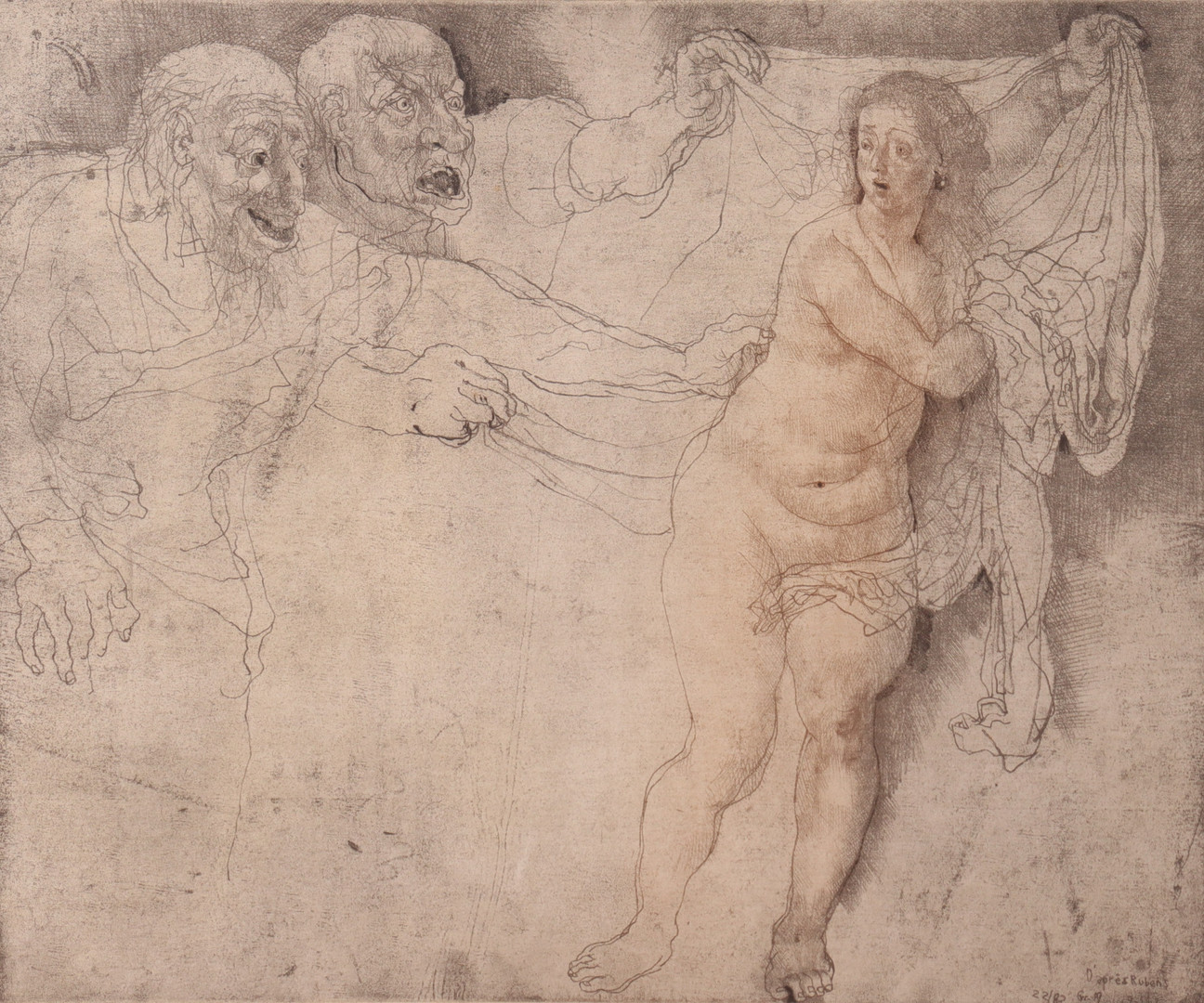etsning, "Venus and the Two Old Men" efter Rubens.