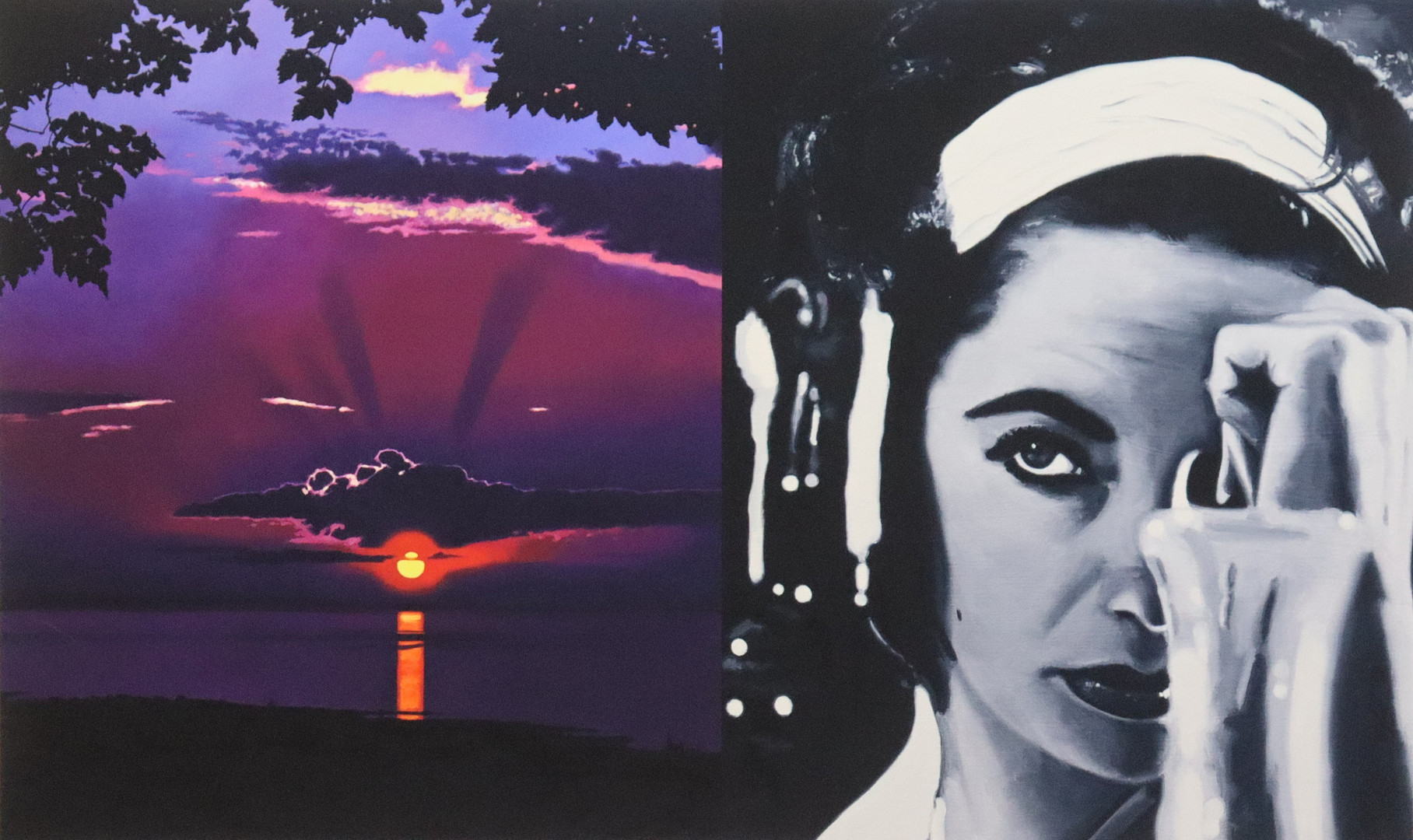 giclée print, diptyk med kvinna och solnedgång.