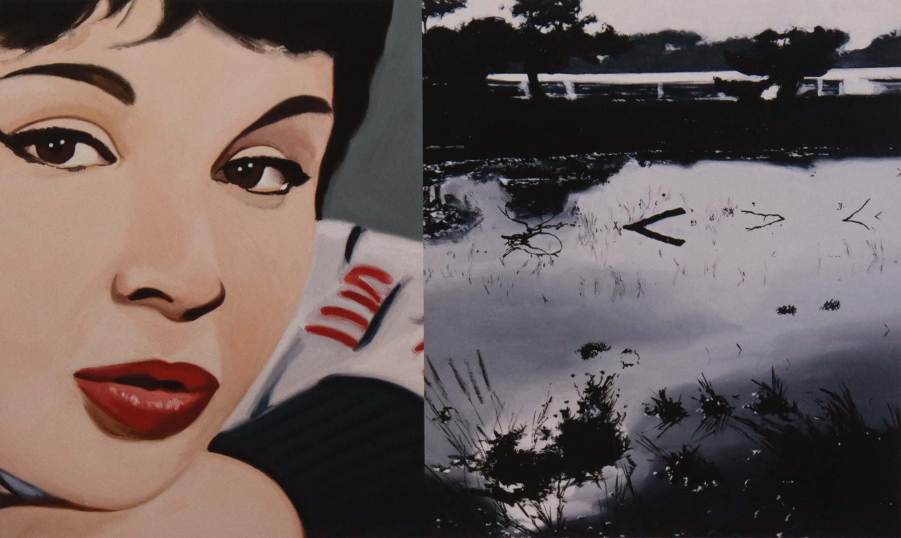 giclée print, diptyk med kvinna och vattenlandskap.