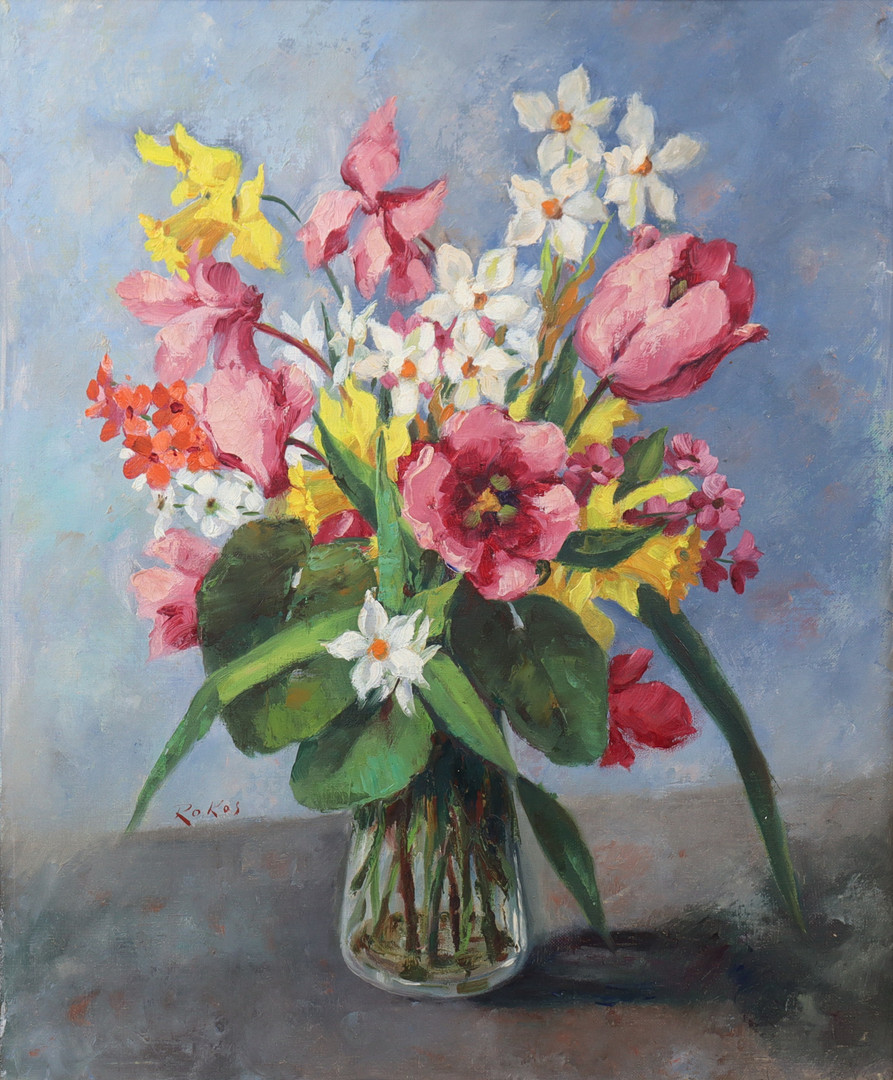 olja på duk, blomsterstilleben.
