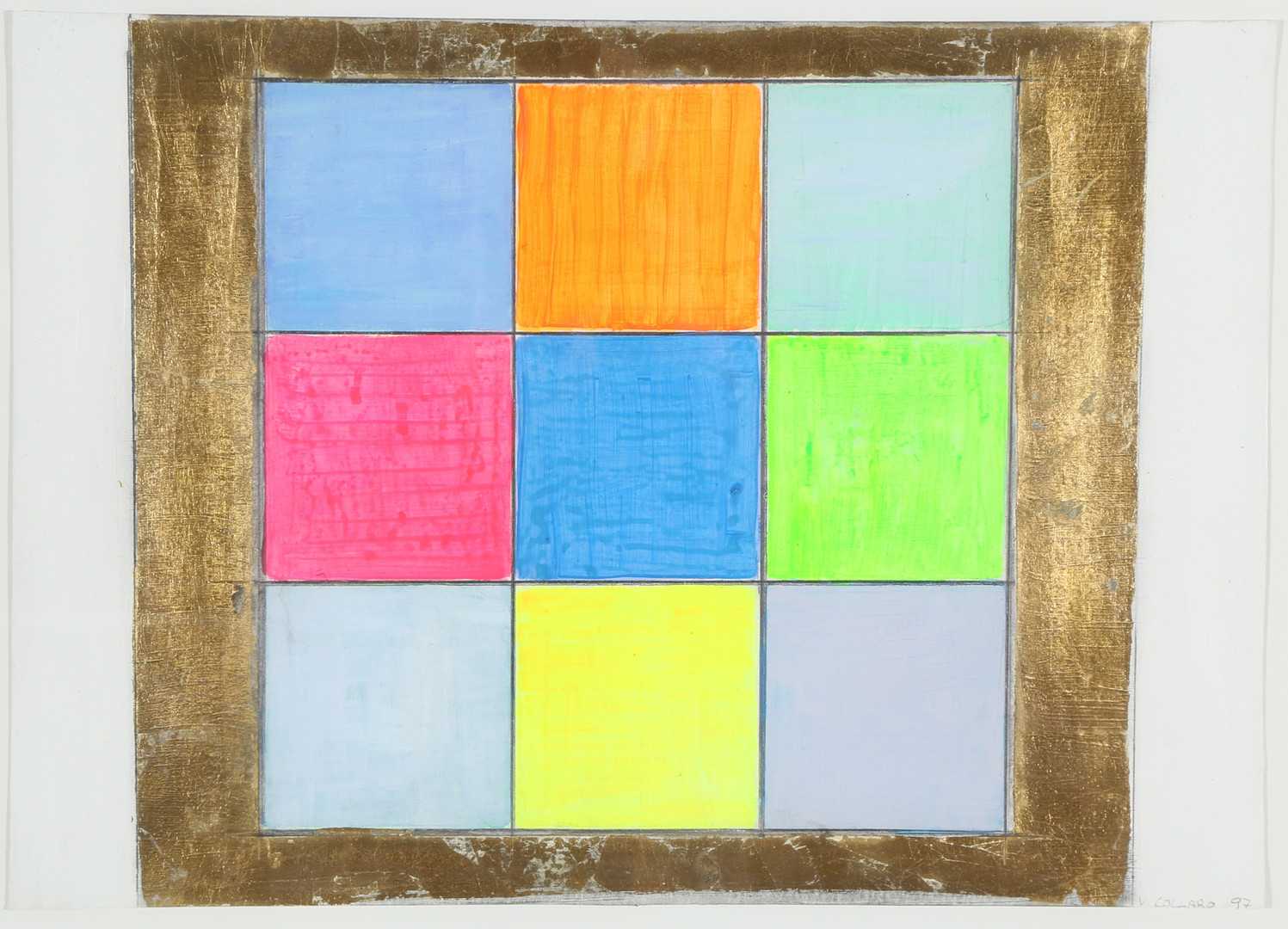 1946). "Crossing II", mixed media, akryl og bladguld på pap, 1997.