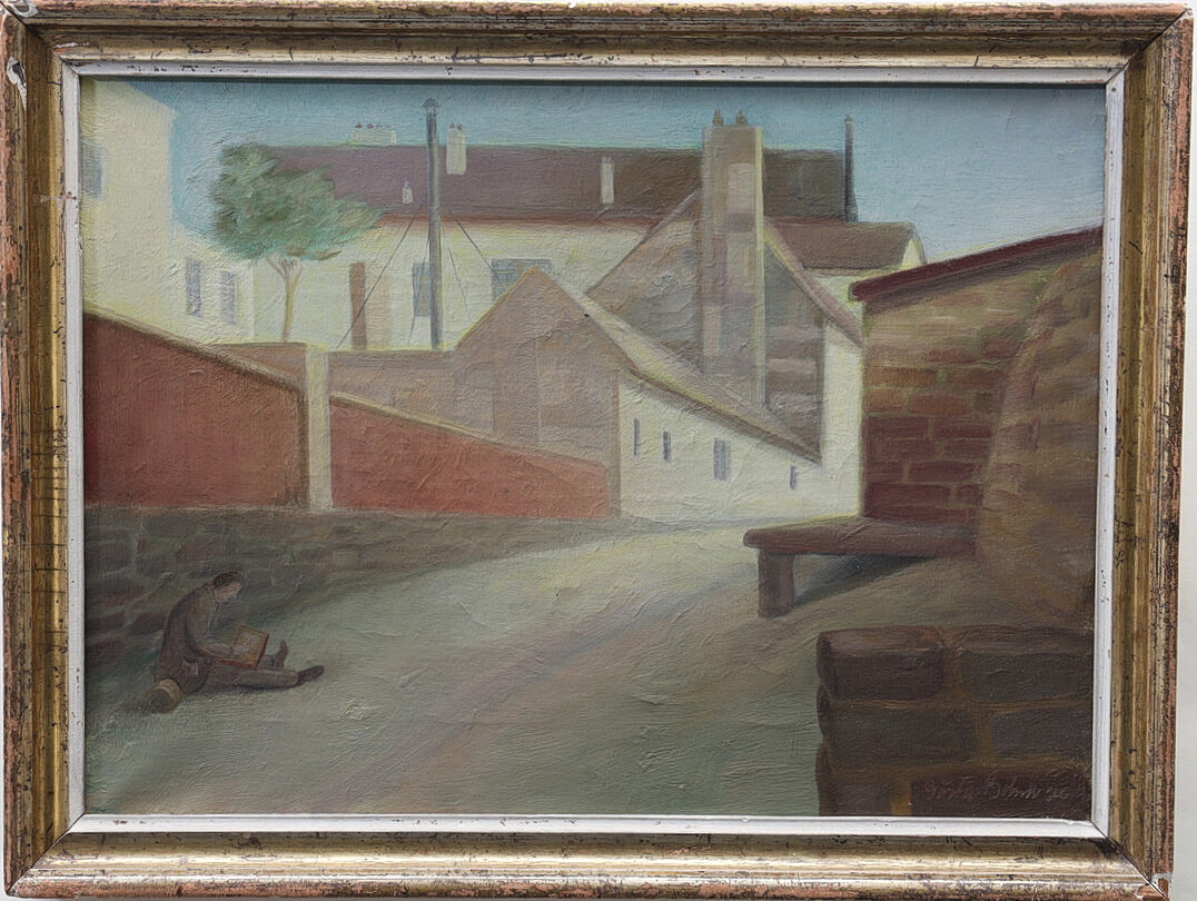 Stadsbild med figur, signerad och daterad 26. Oljemålning på duk.