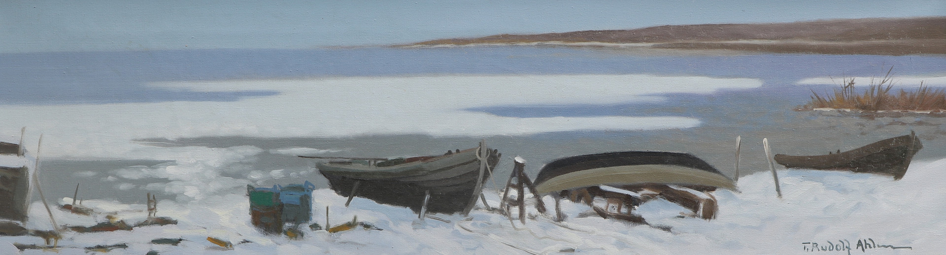 Olja på duk, vinterlandskap vid sjö, signerad.