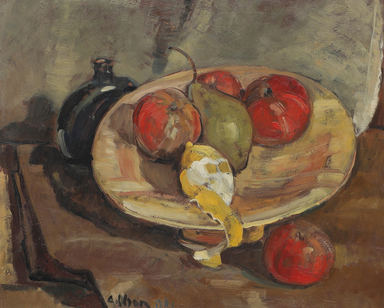 Olja på pannå, stilleben fruktfat, signerad, daterad 1941.