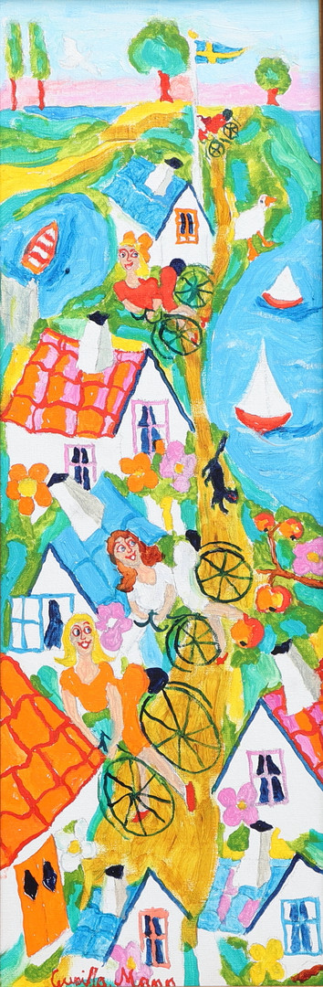 Olja på duk, cykelfärd, signerad.