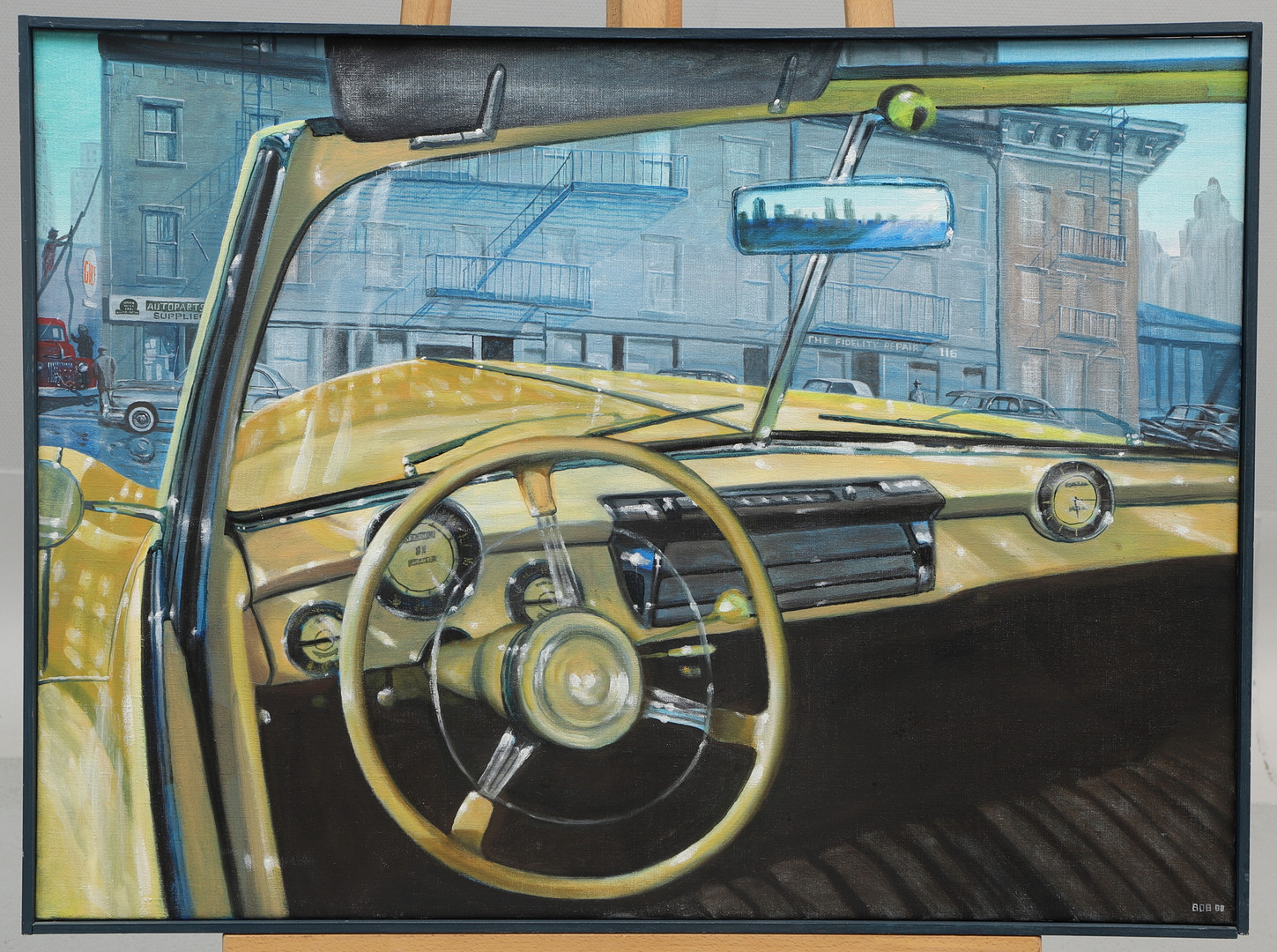 Olja på duk, bil utanför bilverkstad, signerad, 1980-tal.