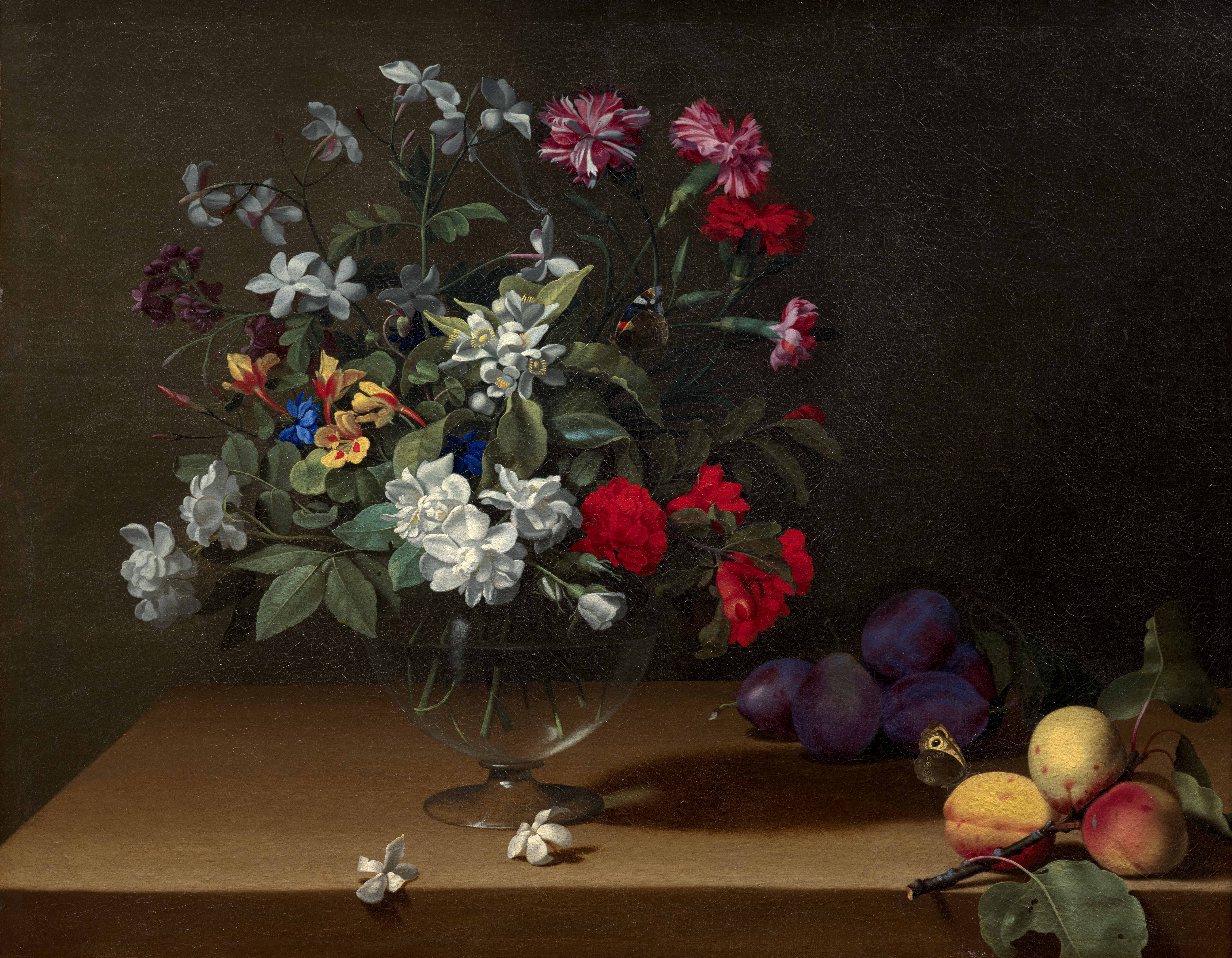 Composition au bouquet de fleurs, prunes et abricots