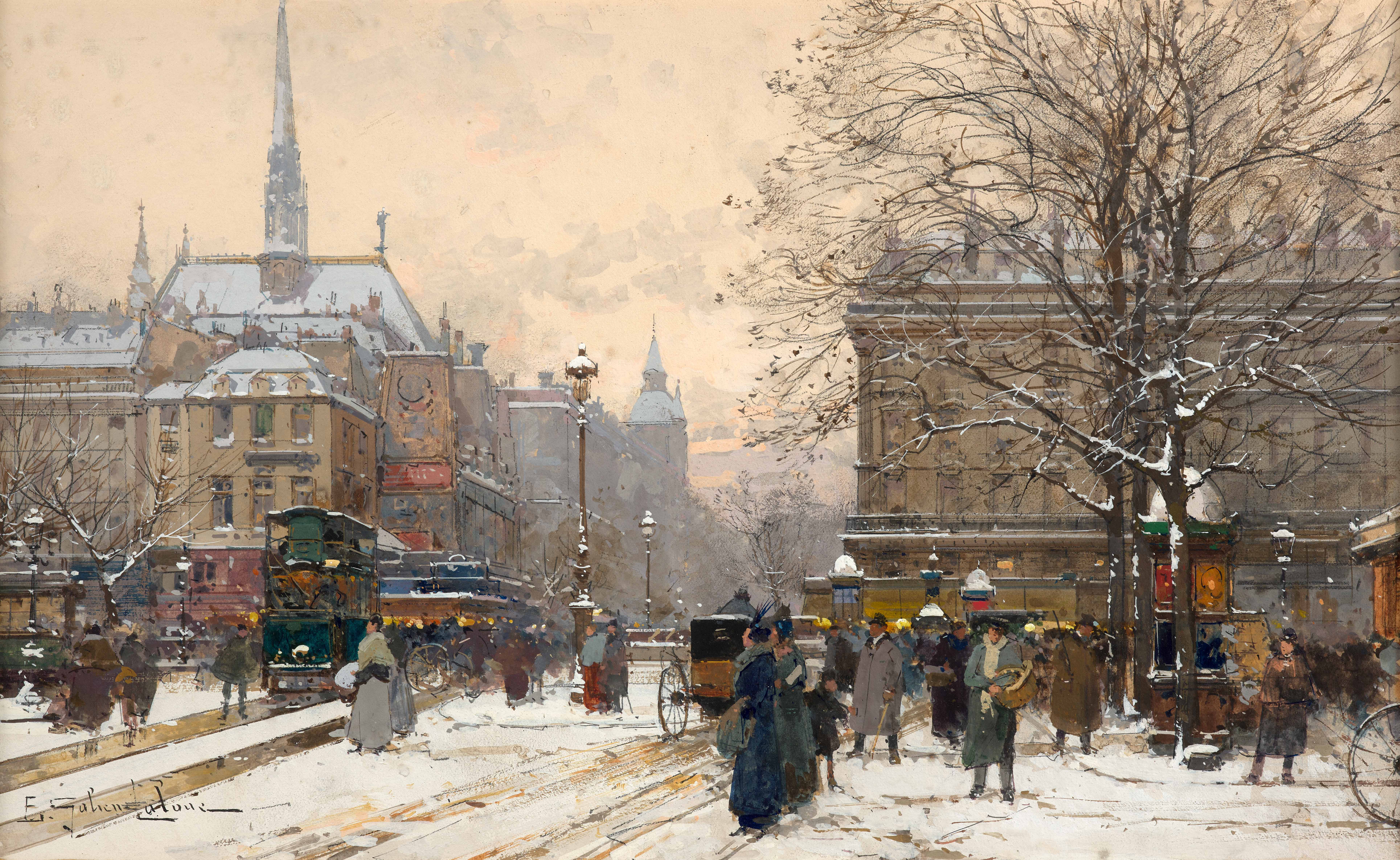 La place saint-Michel avec la Sainte Chapelle dans le fond sous la neige, Paris