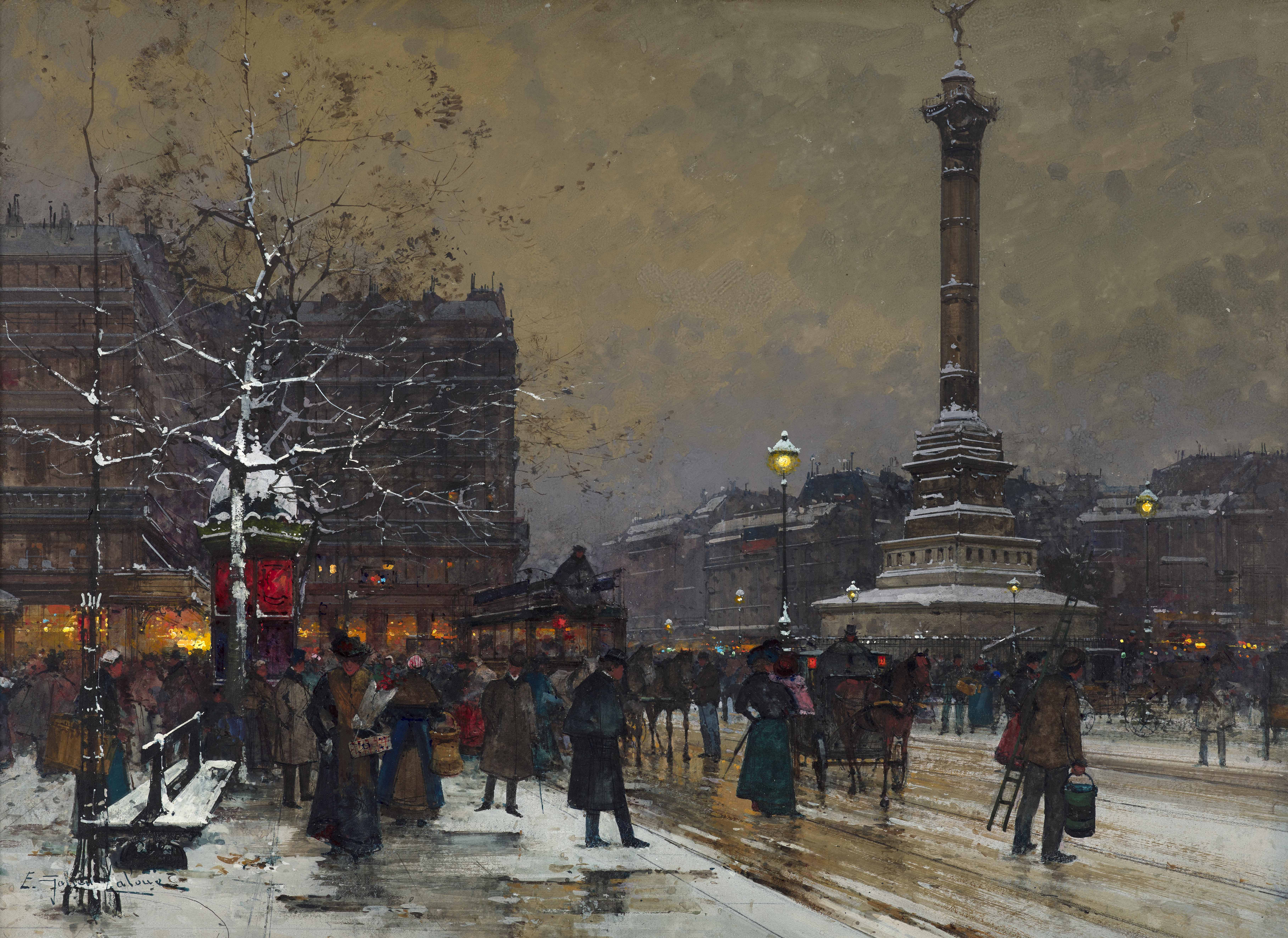 La place de la Bastille sous la neige, Paris