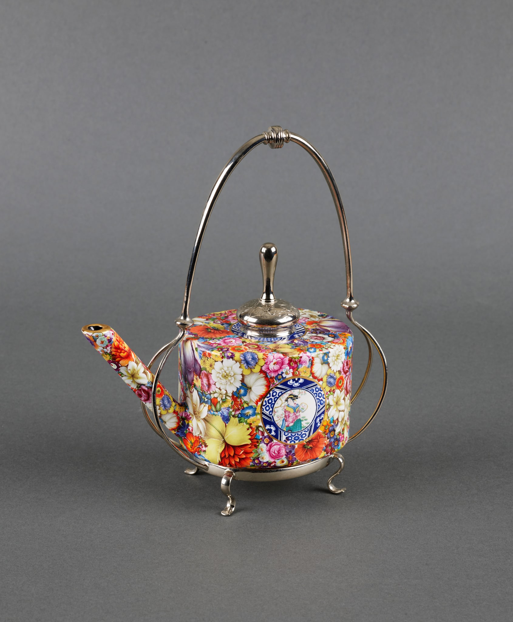 Mille Fleurs Teapot with Blue Medallion in Silvered Mounts