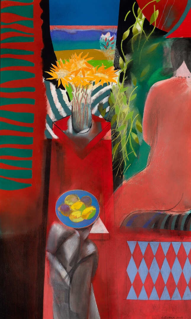 Studio Still Life with Model, Sunflowers and Lemons