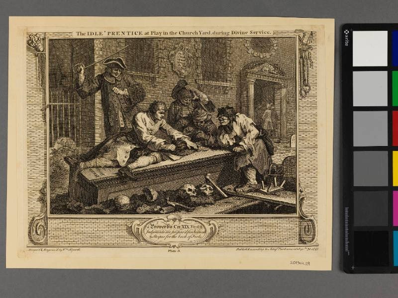 Plate 3 "The Idle' Prentice at Play in the Church Yard During Divine Service", Industry and Idleness