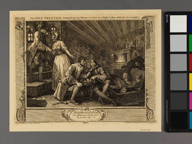 Plate 9 "The Idle 'Prentice betray'd by his Whore, & taken in a Night Cellar with his Accomplice", Industry abd Idleness