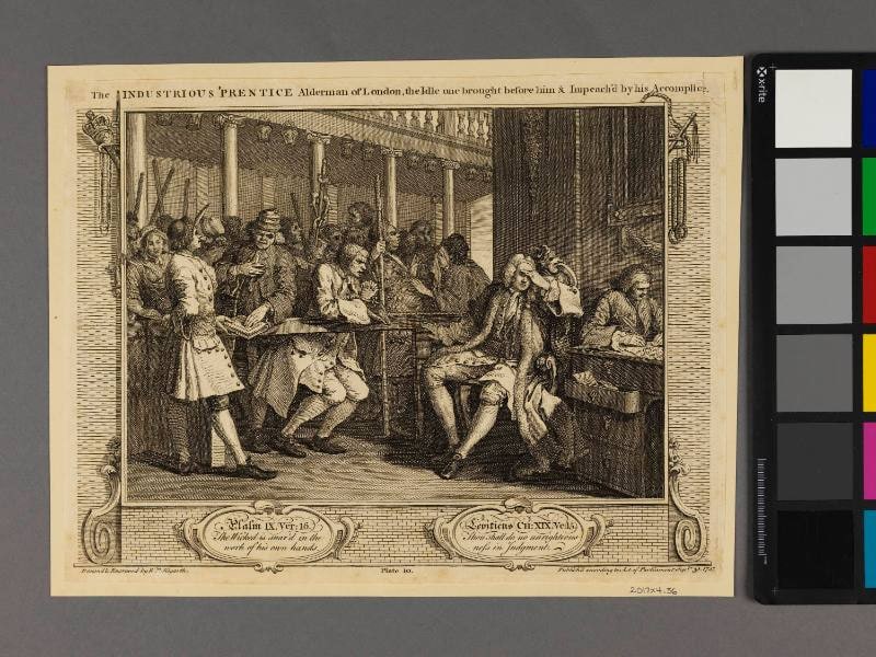 Plate 10 "The Industrious 'Prentice Alderman of London, the Idle One Brought Before Him & Impeach's by his Accomplice", Industry and Idleness