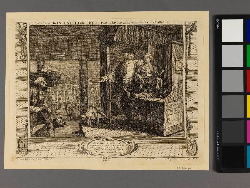 Plate 4 "The Industrious ‘Prentice A Favourite, and entrusted by his Master", Industry and Idleness