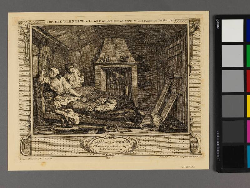 Plate 7 "The Idle Prentice return'd from Sea and in a Garret with a common Prostitute", Industry and Idleness