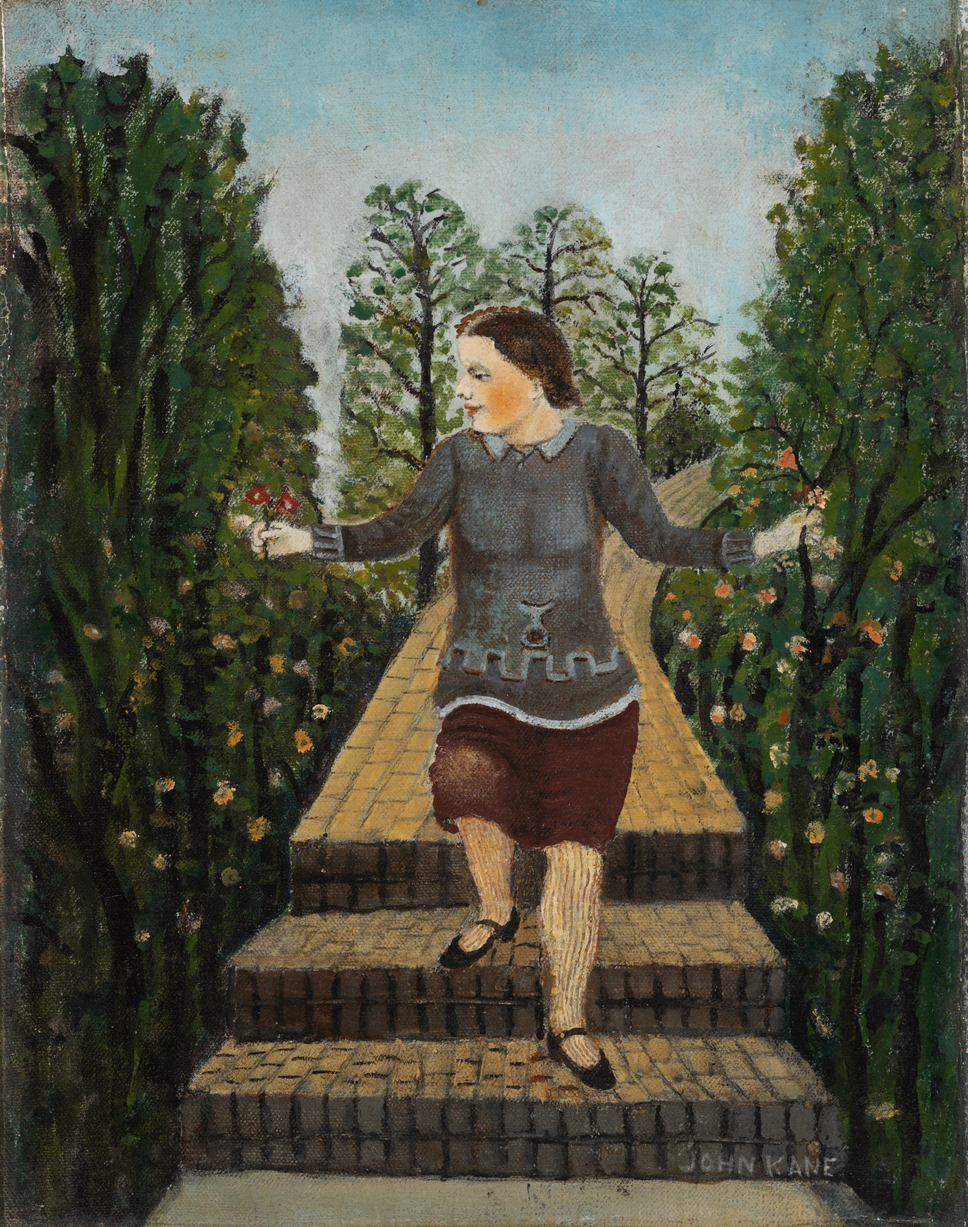 Girl Coming Down Garden Steps