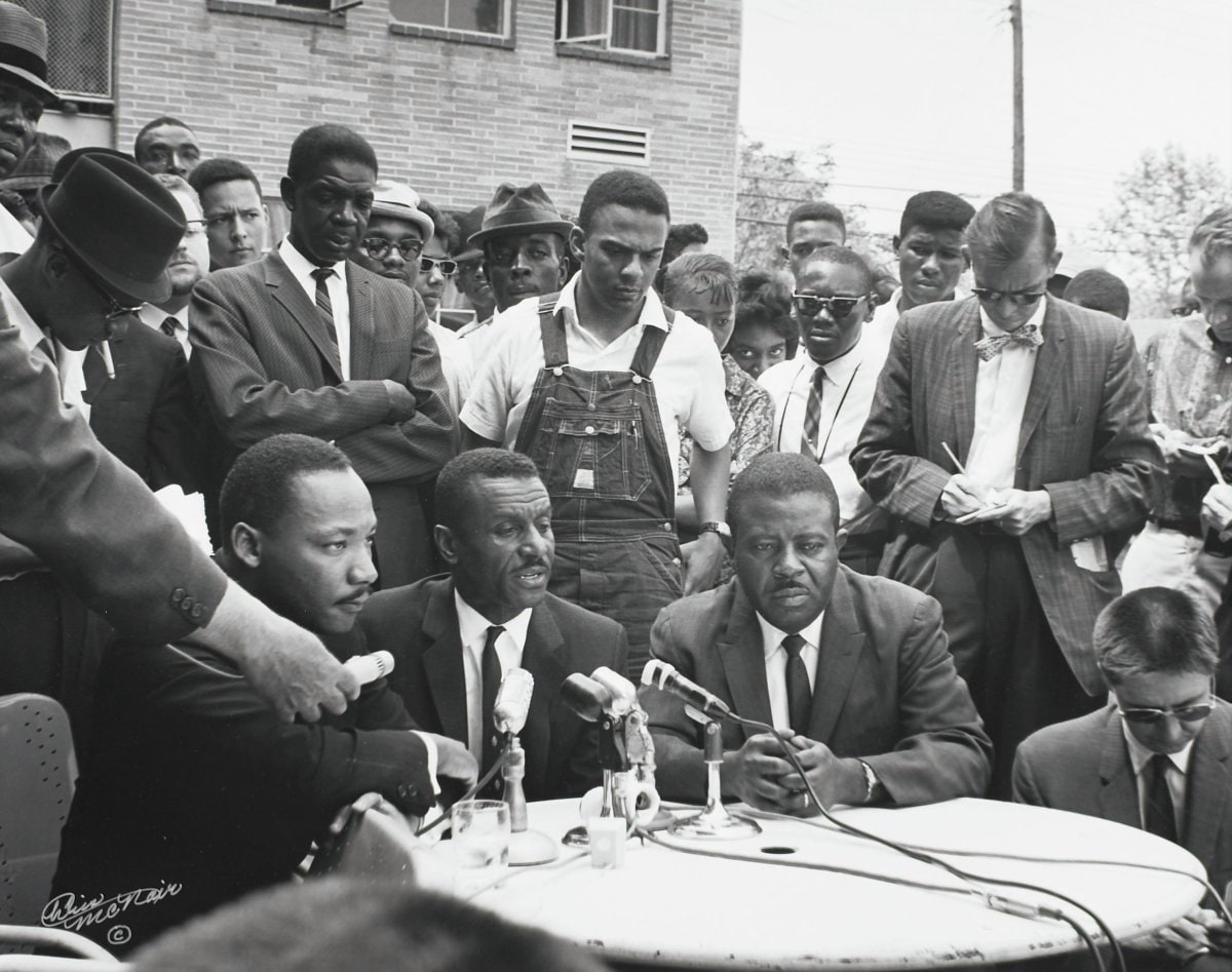 Dr. Martin Luther King holding a press conference following his release from the Birmingham city jail, where he wrote “Letter from the Birmingham Jail” on April 16, 1963