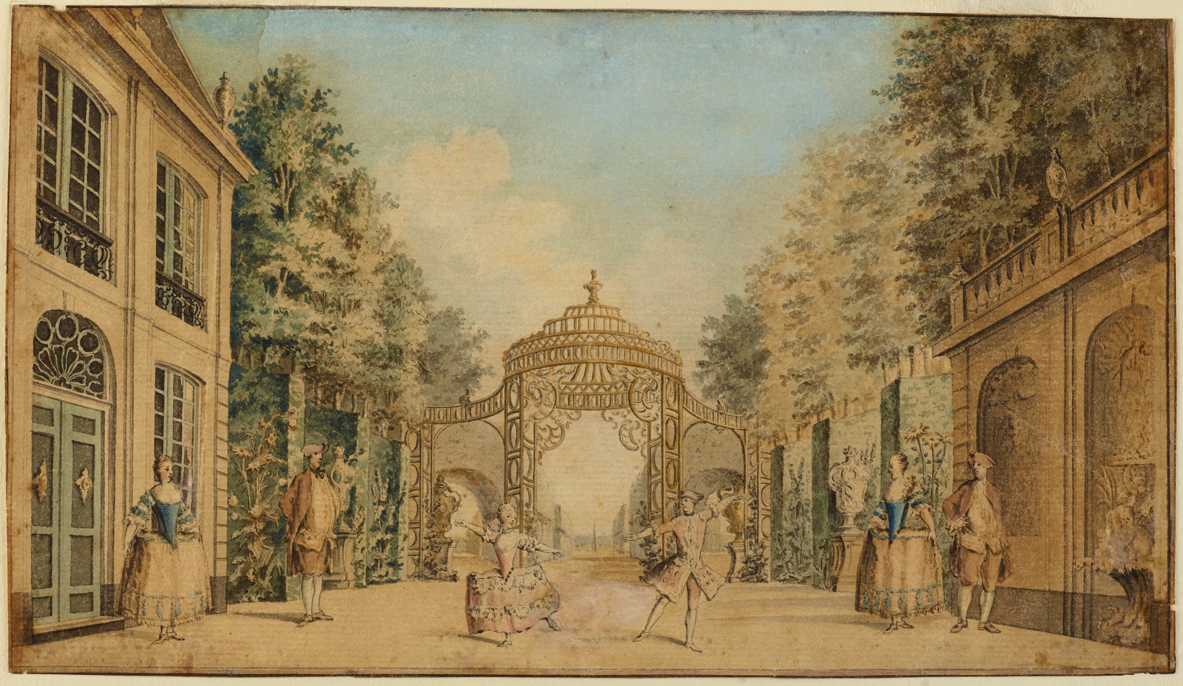 Stage Set with Actors and Dancers Performing