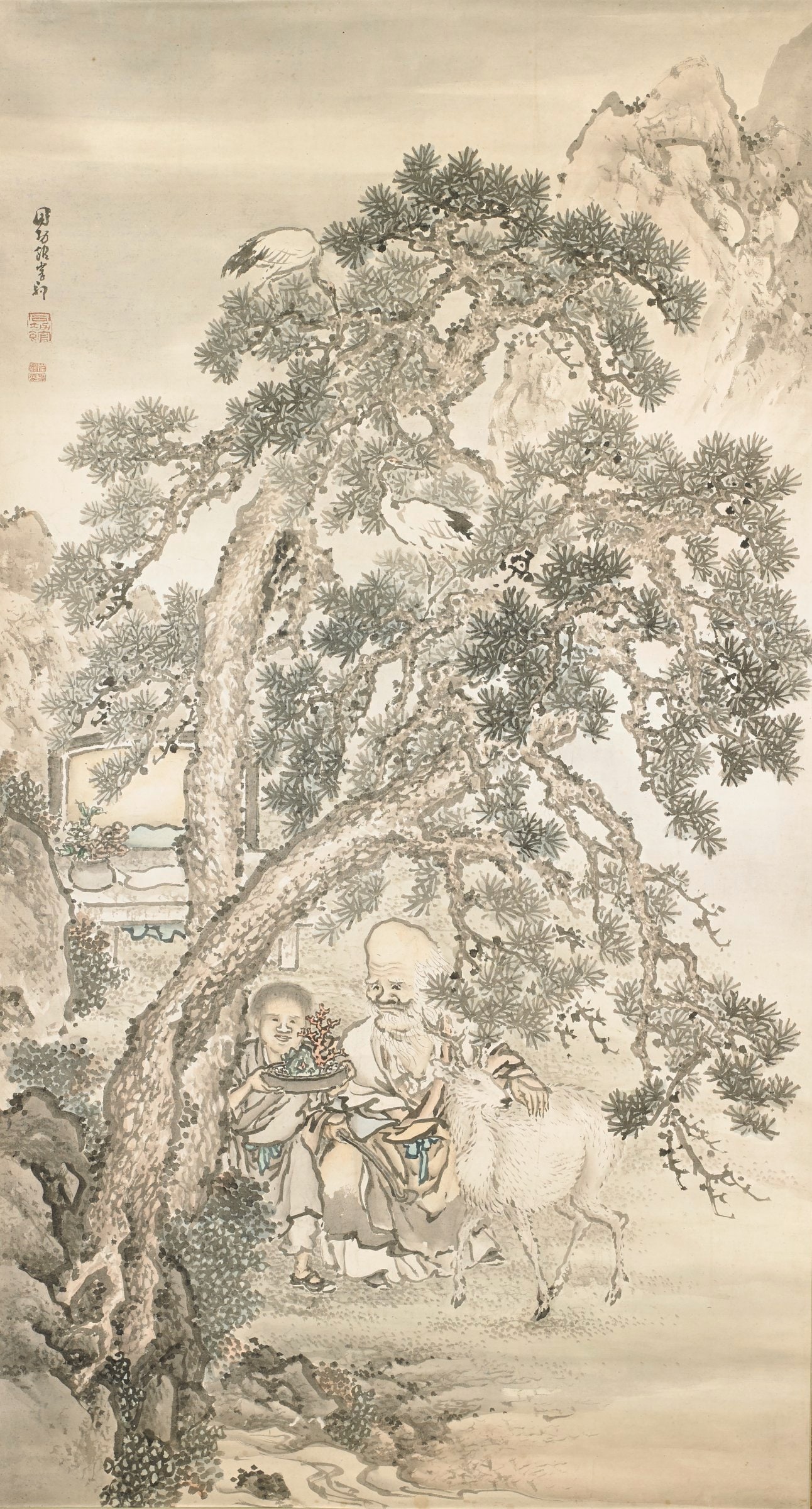 Jurojin with Servant, Deer, and Two Cranes Under a Pine Tree