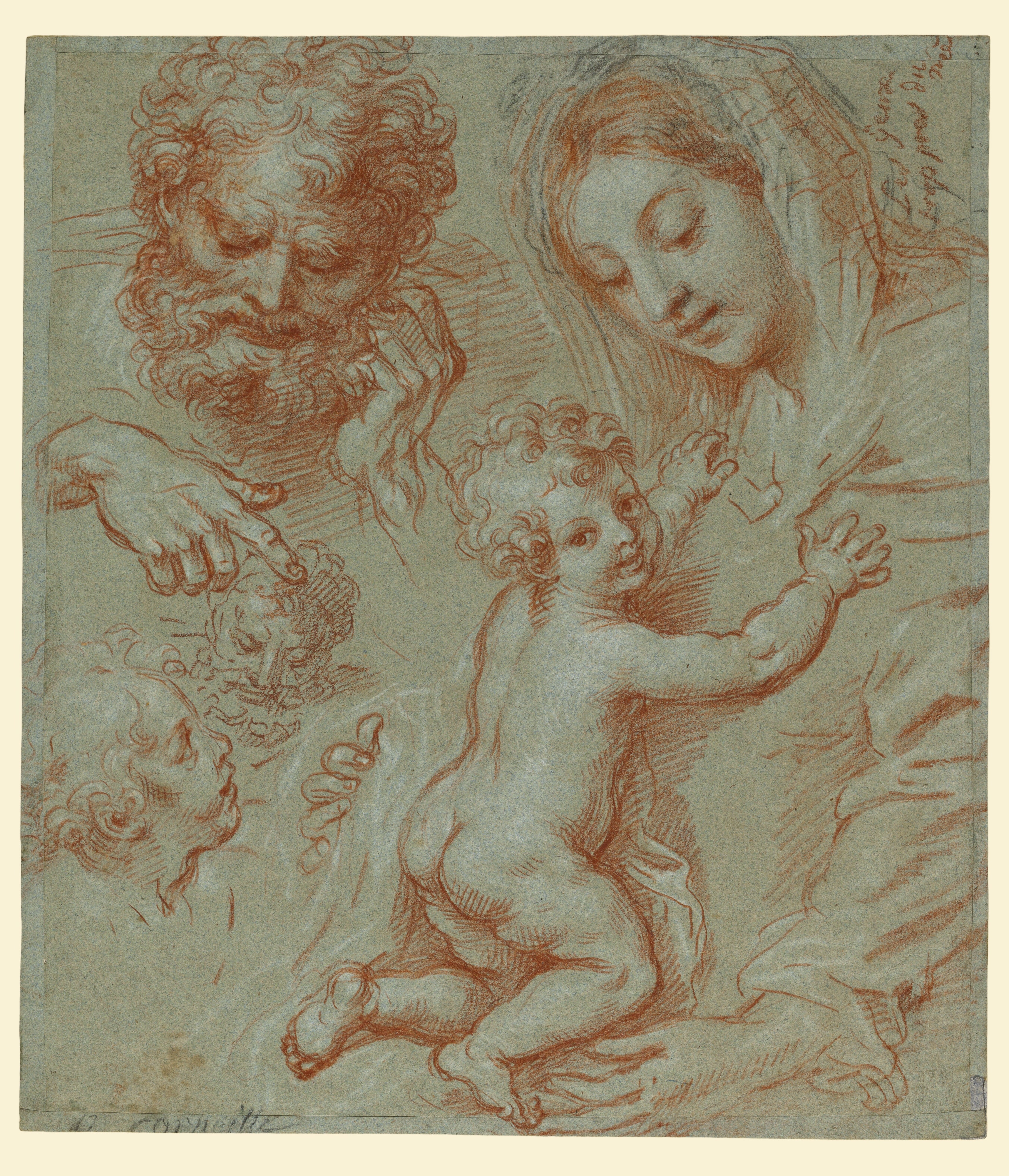 Studies of the Madonna and Child and of Heads (recto); Madonna and Child with Saint John Seated in a Landscape (verso)