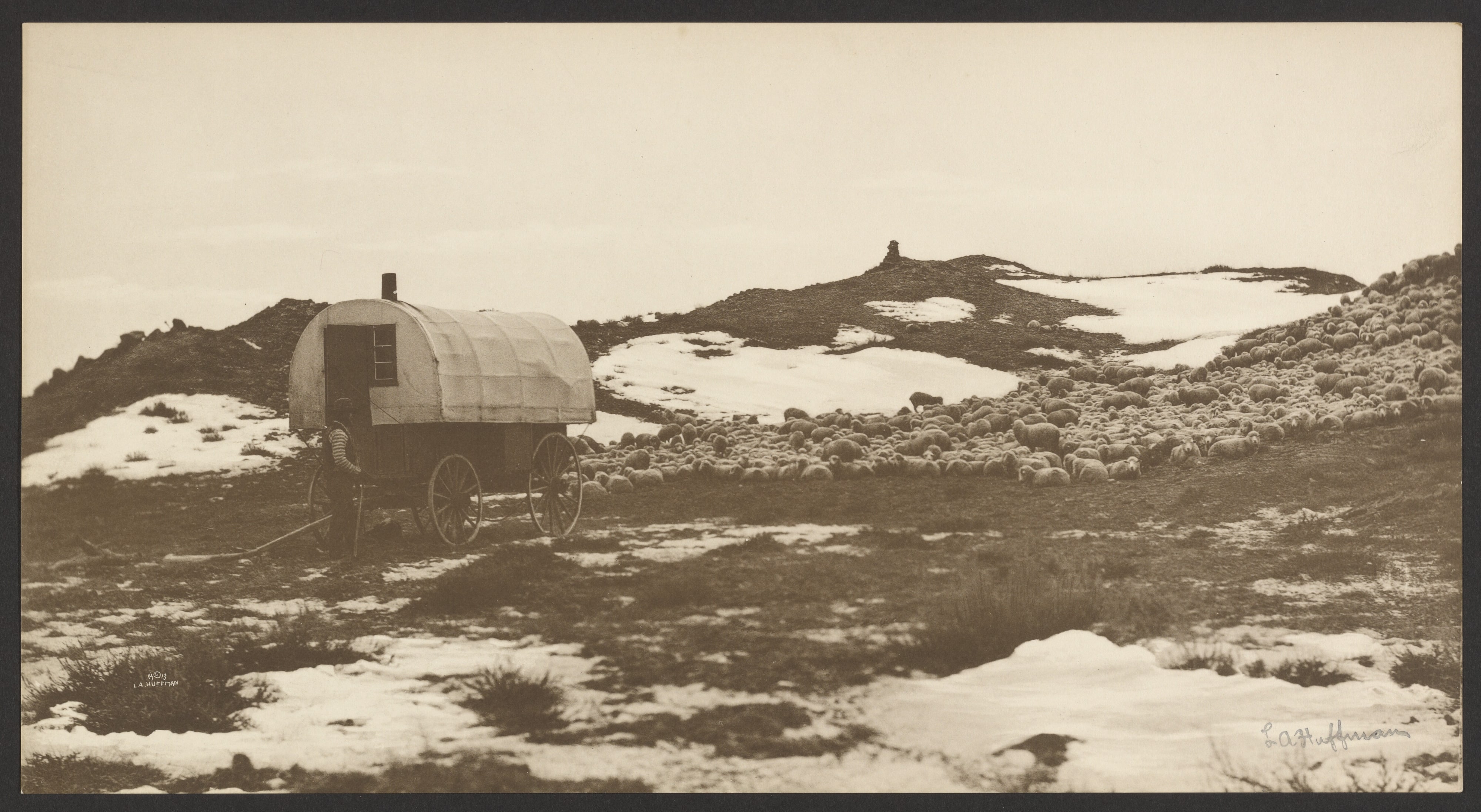 [Drifter, Sheep Wagon and Band on Winter Bedground]