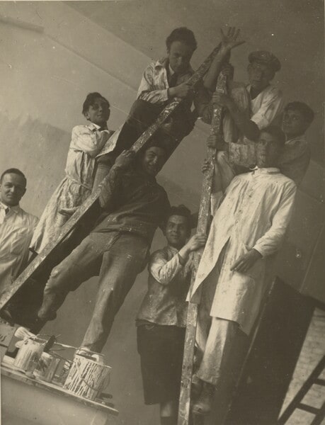 [Students Playing on a Ladder in Wall-Painting Class]
