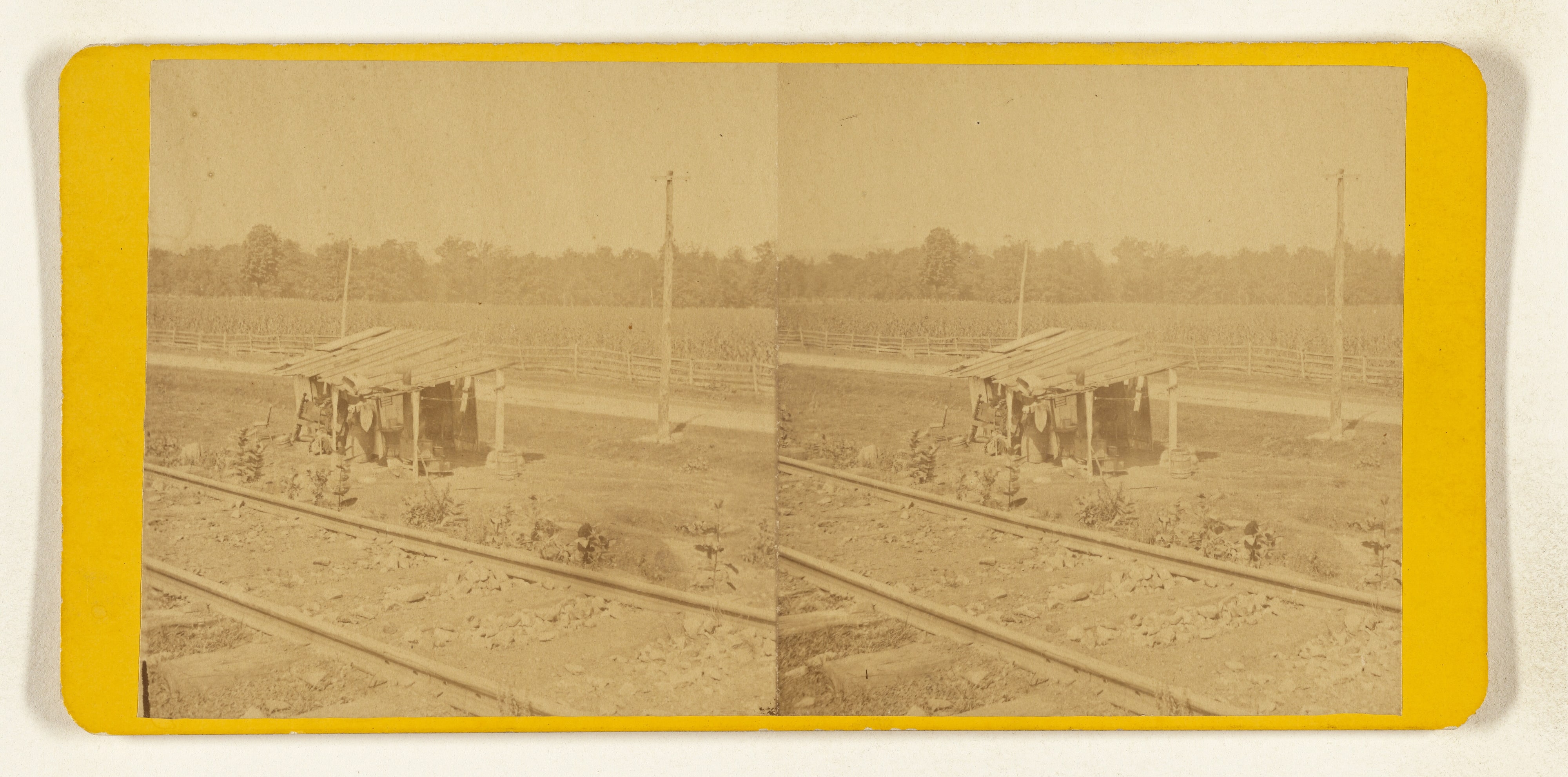 An Irishman's Shanty. Field of Corn & Trees in back-ground. View among the Alleghenies.