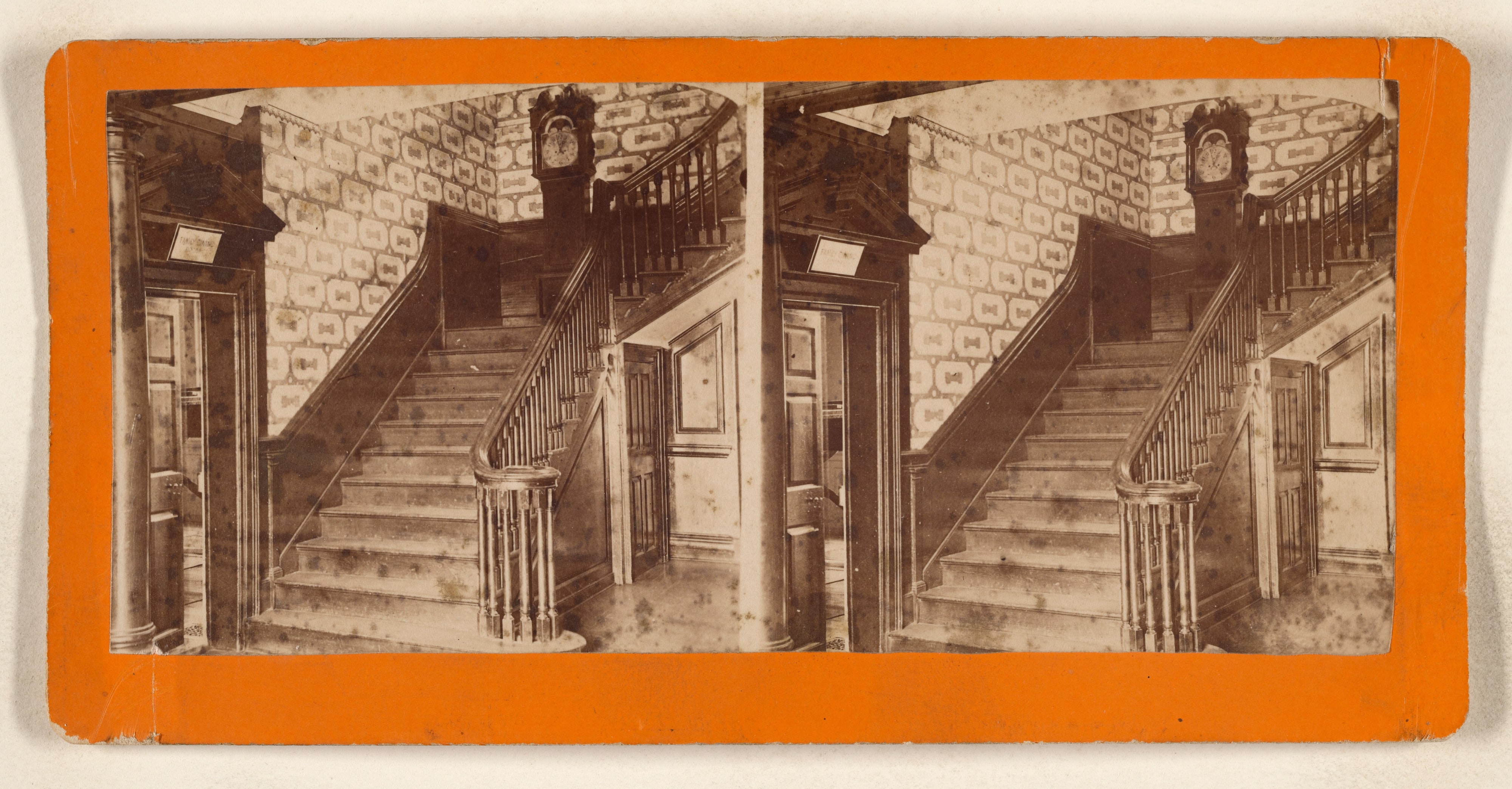 Hallway and Stairway, Mt. Vernon Mansion. Showing clock at head of stairs.