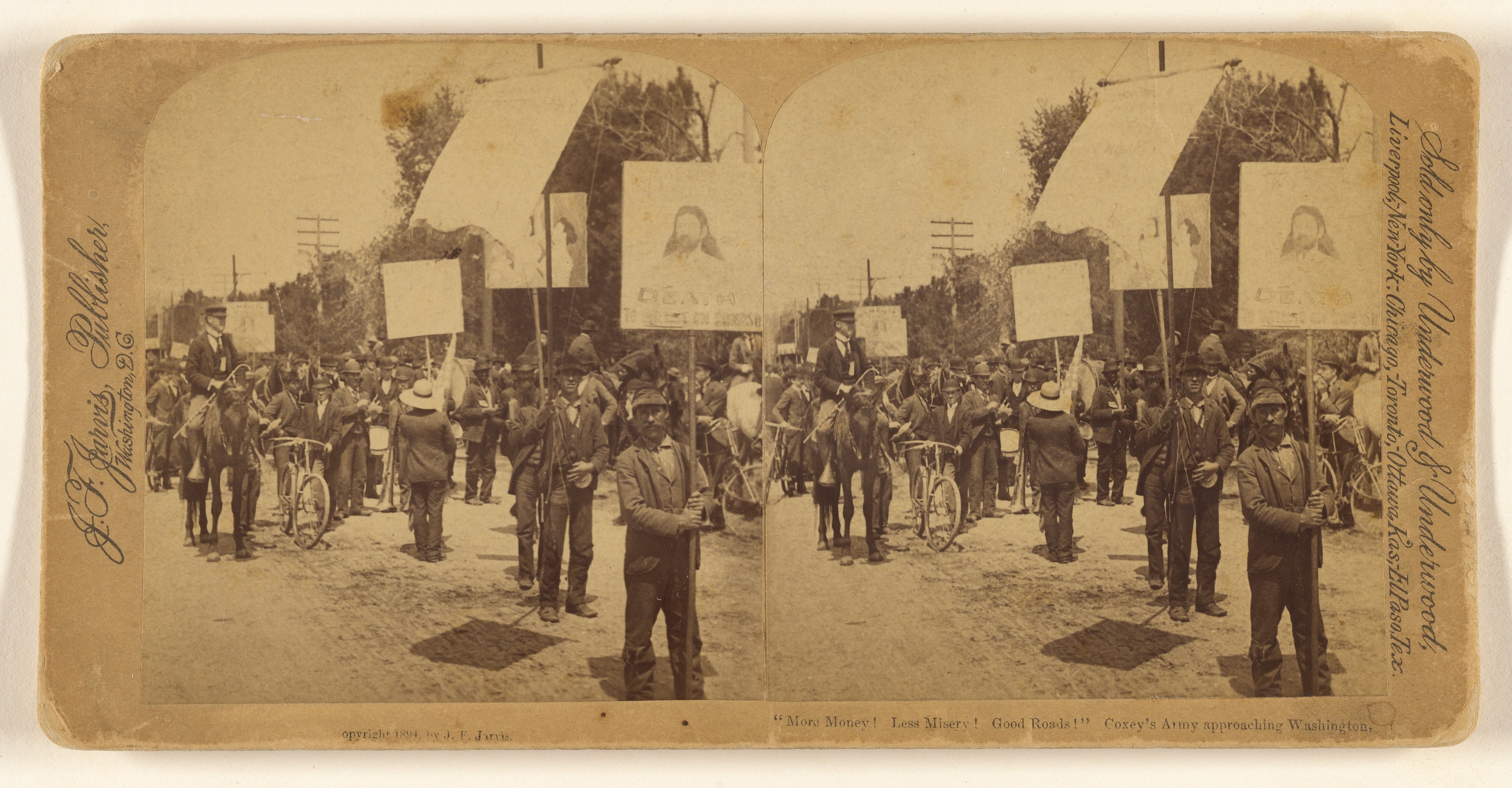 "More Money. Less Misery. Good Roads." Coxey's Army approaching Washington.